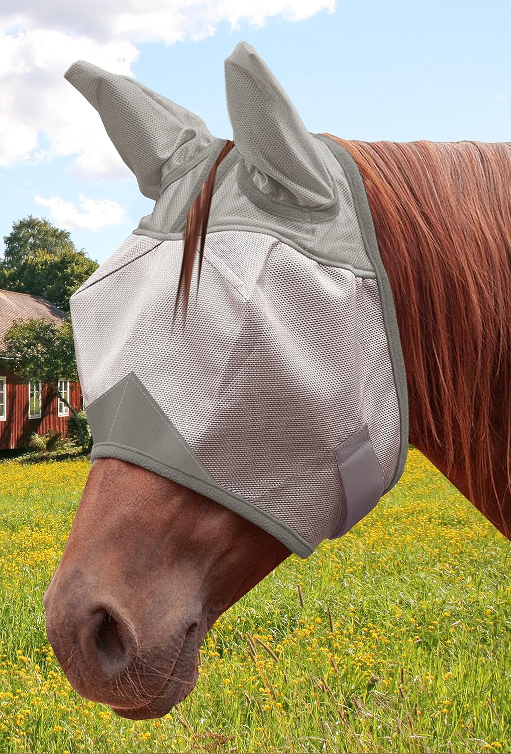 ECP Equine Comfort Products Horse Fly Mask with Ears, UV Protection, Bug Shield, Adjustable Strap, Breathable Micro Mesh, Reinforced Eye Darts, Lightweight Fit, Gray