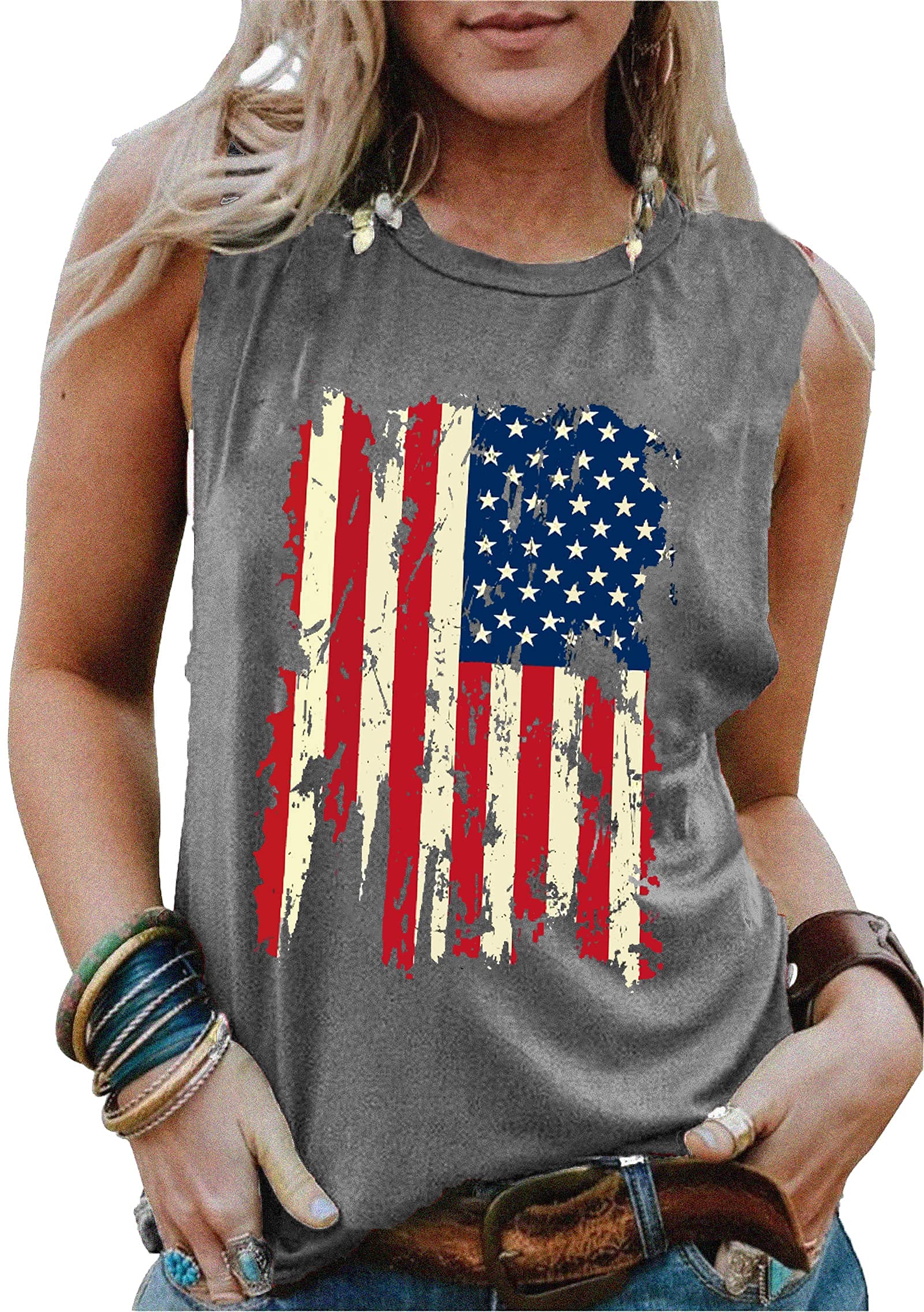 American Flag Tank Tops Women Patriotic Shirt USA Flag Stars Stripes Print Sleeveless T-Shirt 5th of July Tee Tops