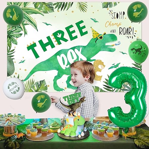 Miniatura 3 de Decoraciones de dinosaurio de tercer cumpleaños, fondo de tres decoraciones de fiesta de cumpleaños Rex, globos de fiesta de dinosaurio, decoración