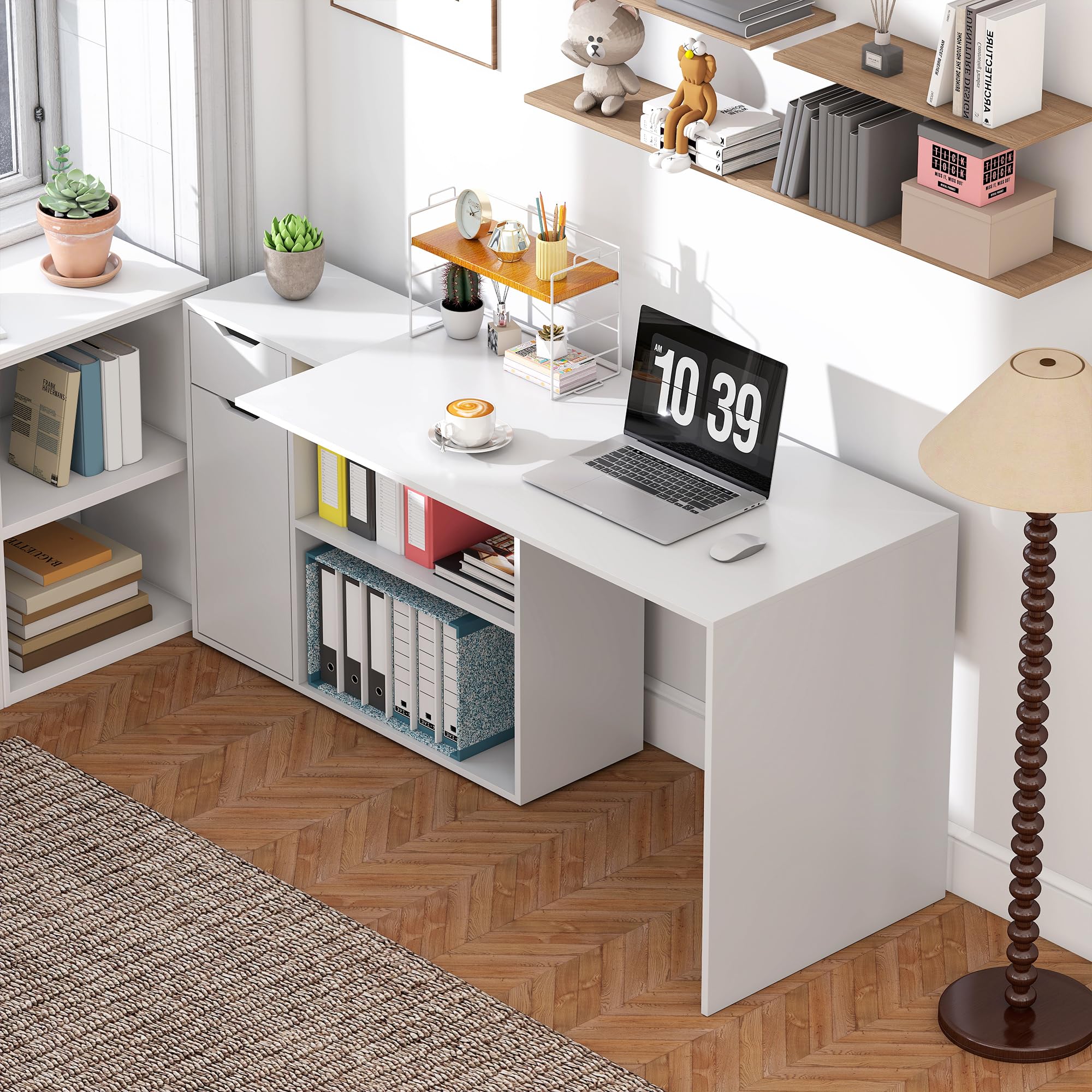 HOMCOM Eckschreibtisch Computertisch mit Schublade 120 x 96 x 75 cm Weiß | L-Form Winkelschreibtisch, 1 Tür, Offene Ablagen, für Dokumente im A4-Format, Hergestellt in der EU