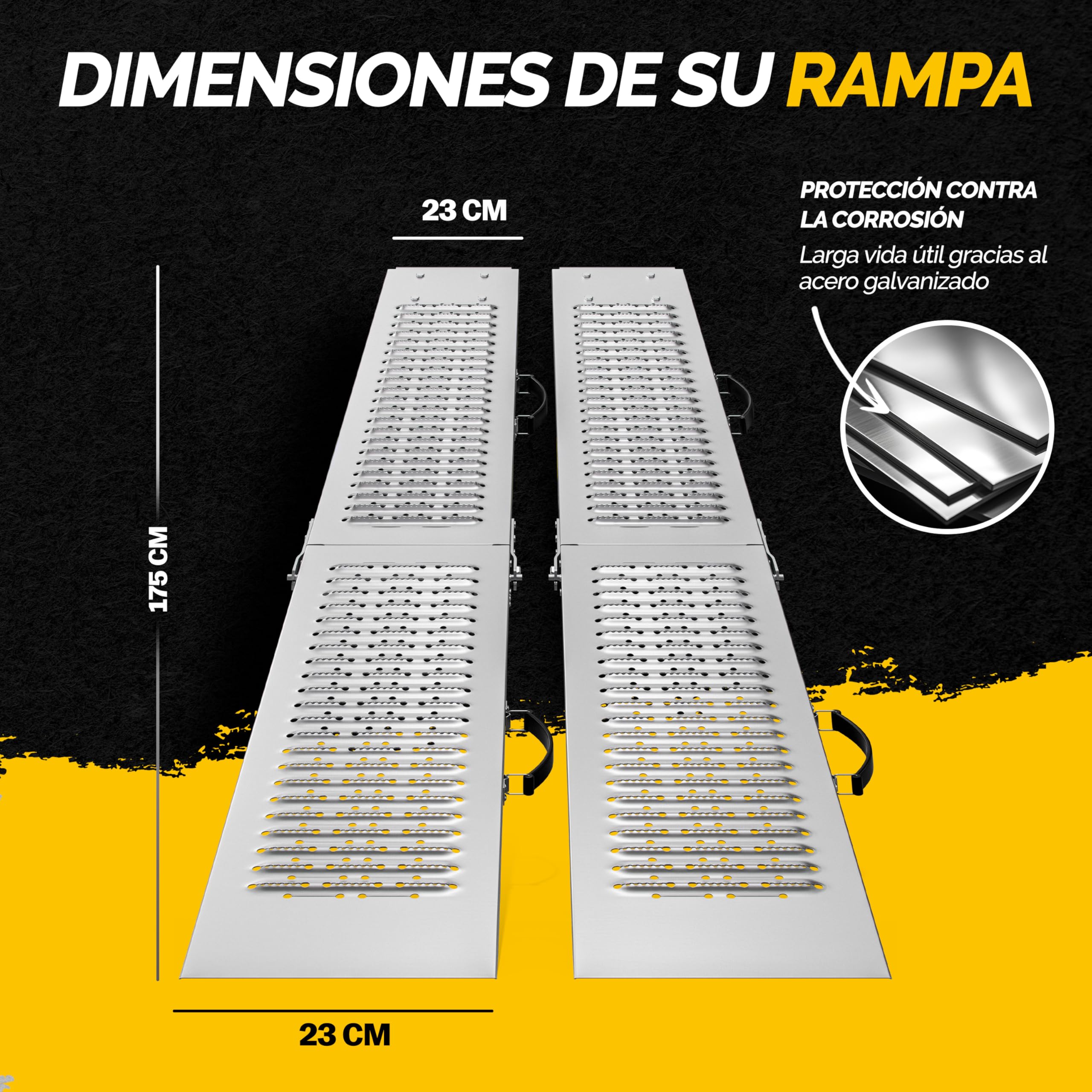 MONZANA® 2X Rampas para Coches Plegables 175cm Acero Galvanizado Carga Total 400kg Vehículos Motos Sillas de Ruedas Rieles Mecanismo Bloqueo Antideslizante Asas Remolque Furgoneta Quads Carretillas