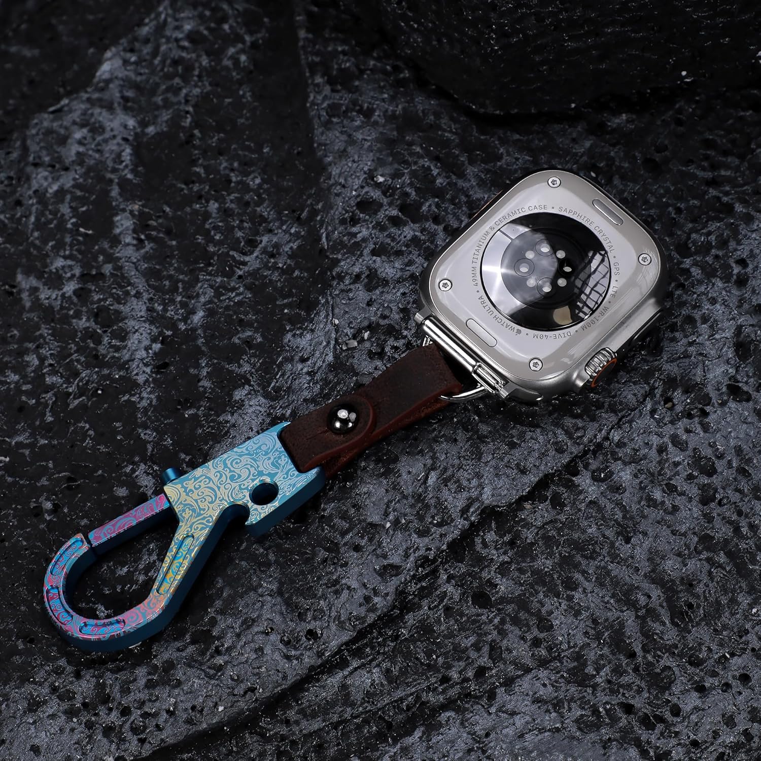 Titanium Leather for Apple Watch fob1-9SE45s10Ultra49mm46 11Strap with Clip Keychain Backpack Pet Dog Band pocket
