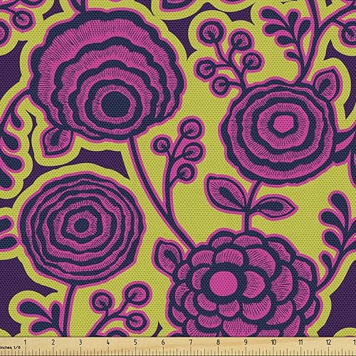 Lunarable The Yard - Tela floral dibujada a mano, flores abstractas y esbozadas en tonos vibrantes, tela decorativa para tapicería y detalles del