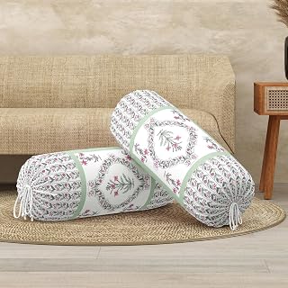 BLOCKS OF INDIA Cotton Hand Block Printed Bolster Cover | Booster Cover with Drawstring | Round Long Pillow Cover for Bed | Dewan Pillow Cover Set 16 X 32 | Set of 2 (Green BEL)
