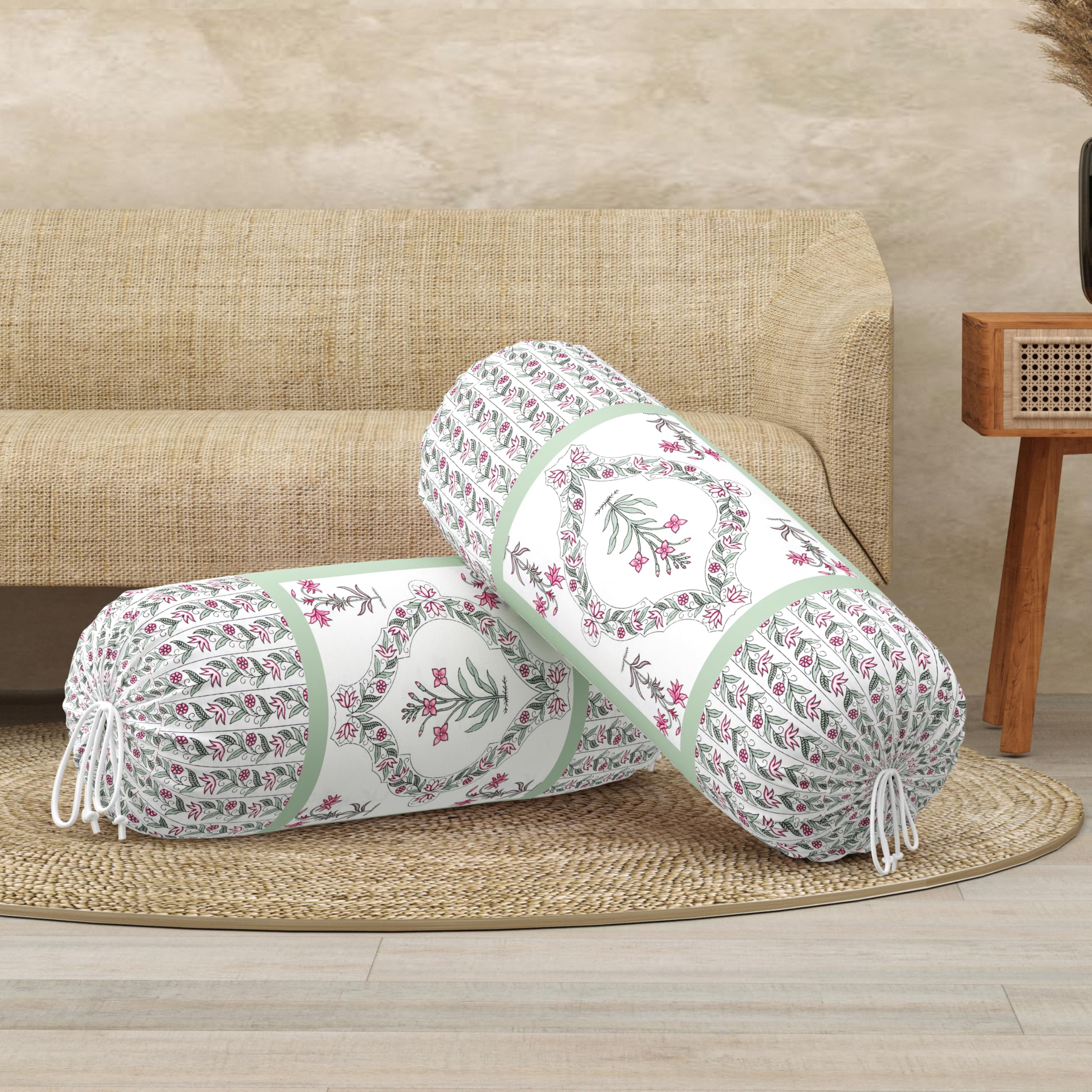 BLOCKS OF INDIA Cotton Hand Block Printed Bolster Cover | Booster Cover with Drawstring | Round Long Pillow Cover for Bed | Dewan Pillow Cover Set 16 X 32 | Set of 2 (Green BEL)-image-14