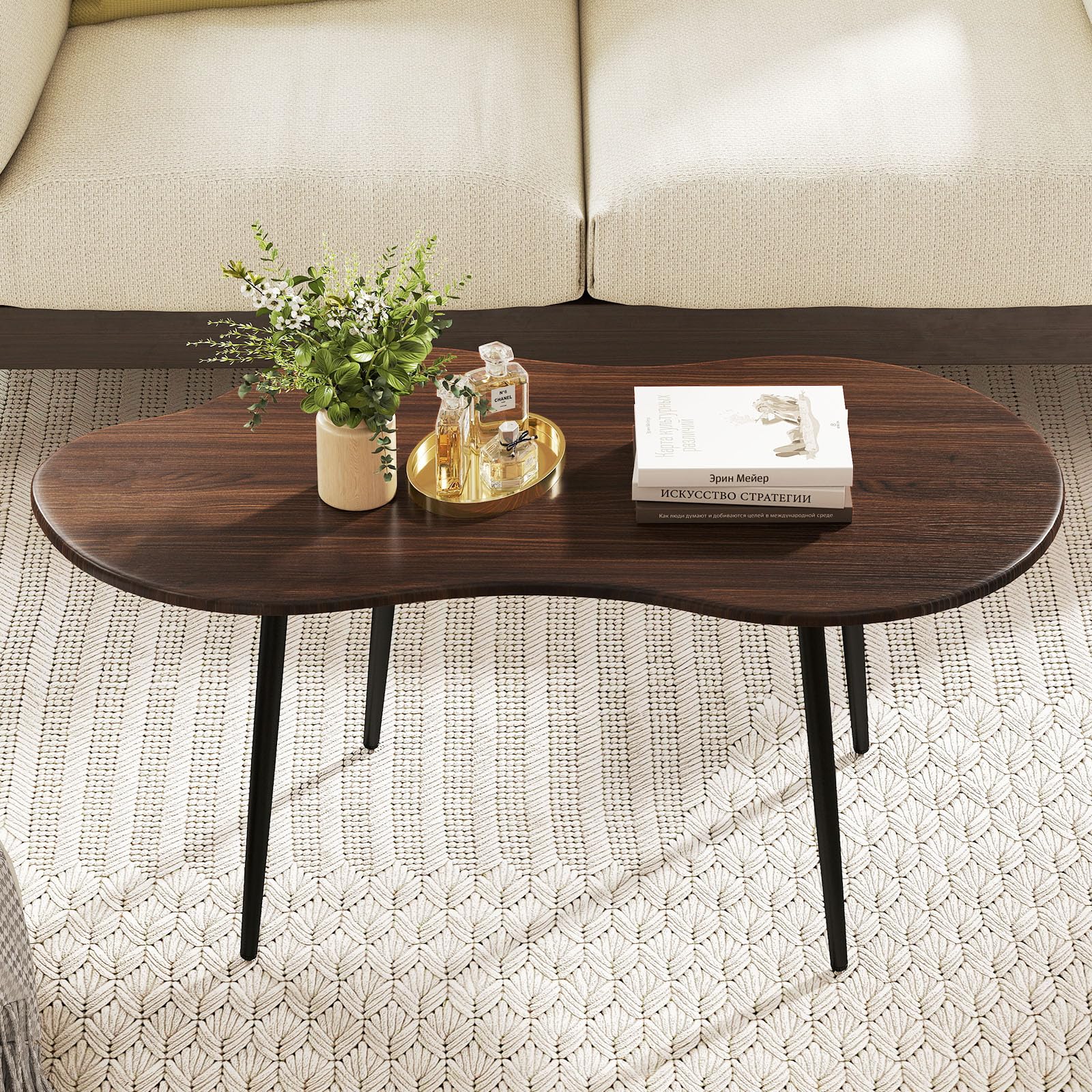 COSTWAY Mesa de Centro con Forma de Nube, Mesita Central Irregular Moderna con Estructura Metálica, Mesita Auxiliar de Madera Decorativa para Saon Oficina Espacios Pequeños, 100 x 50 x 44 cm (Nogal)