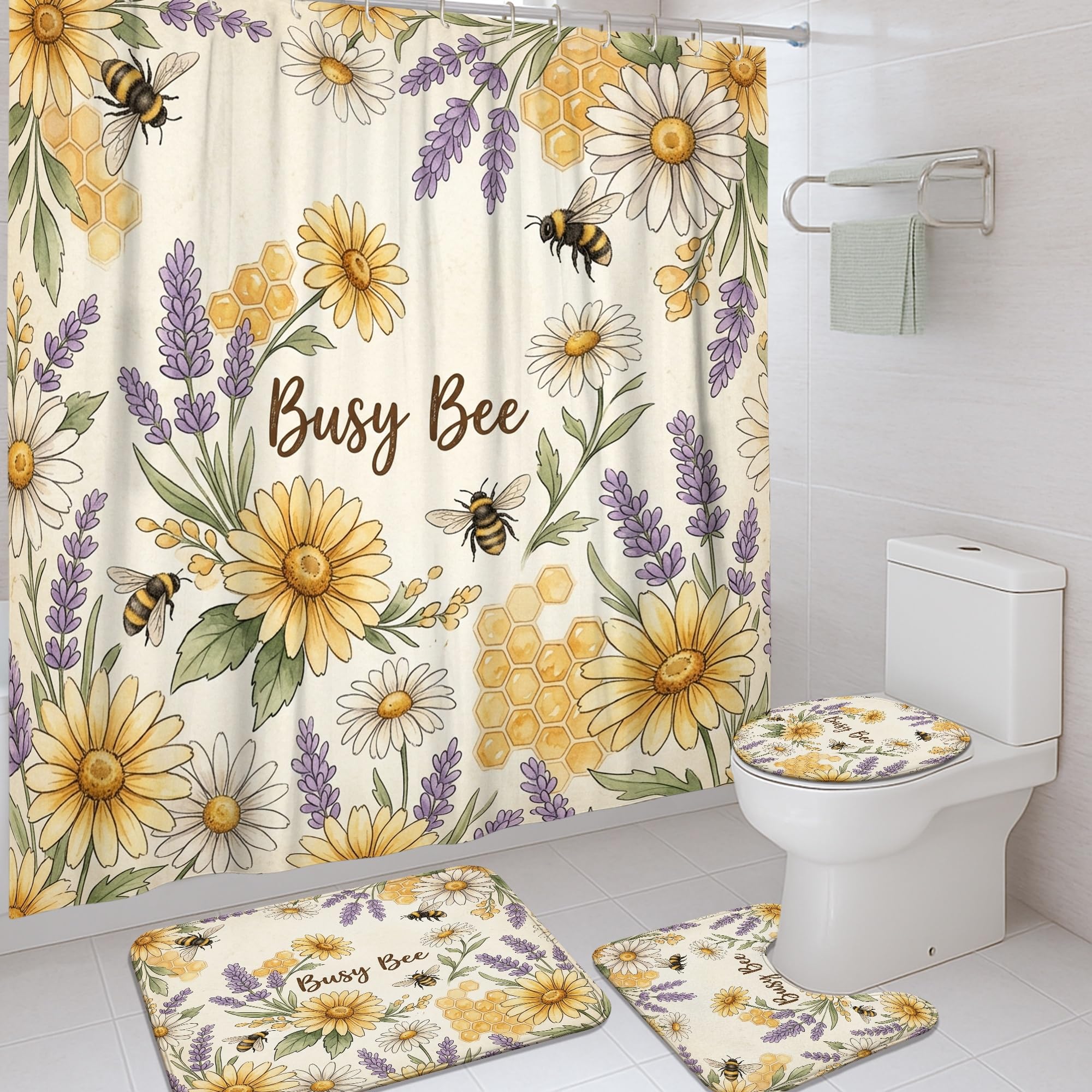 Rideau de douche en polyester imperméable 183 x 183 cm lavande et tapis