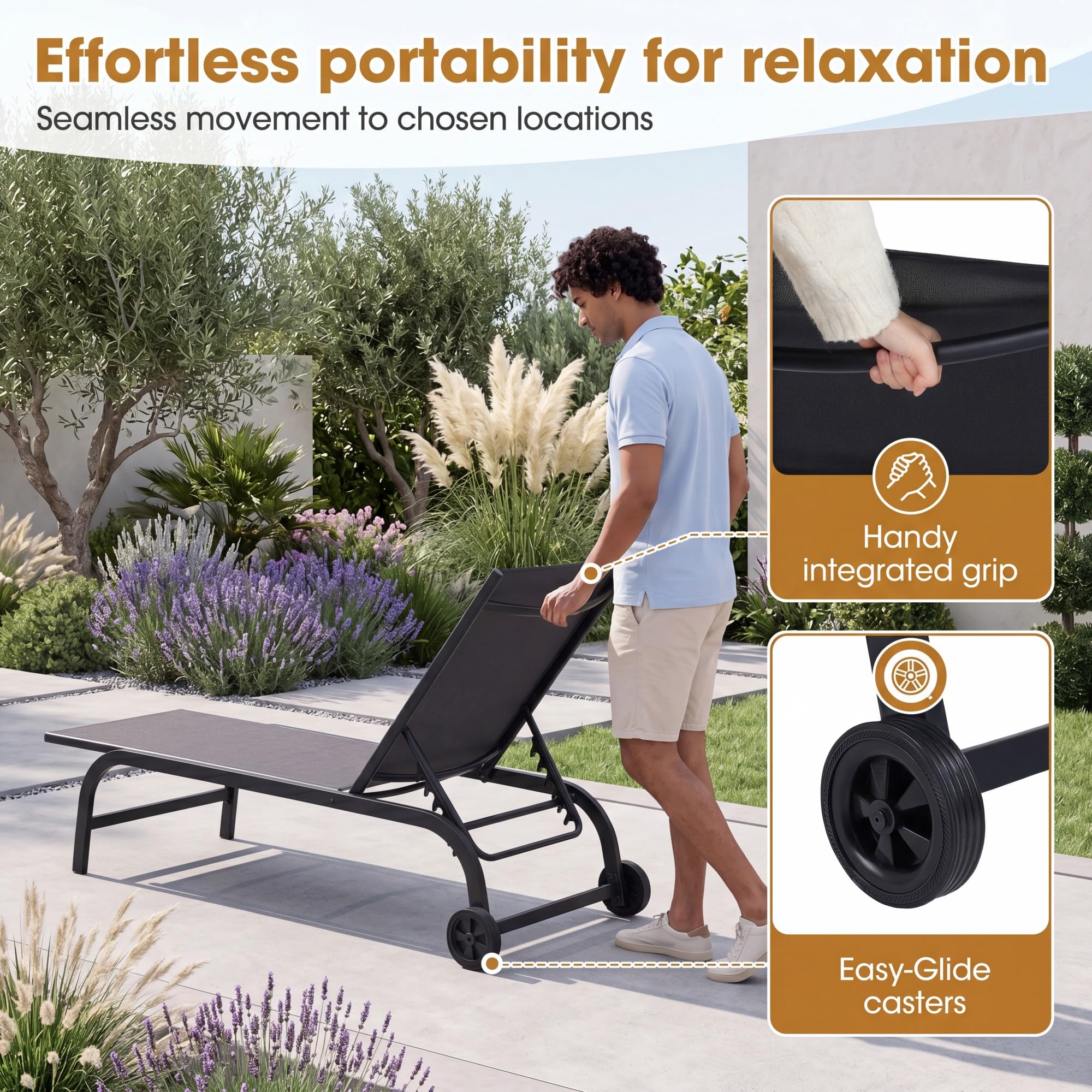 Giantex Tumbona de Jardín con Ruedas y Respaldo Ajustable, Carga 150 kg (Negro,2)