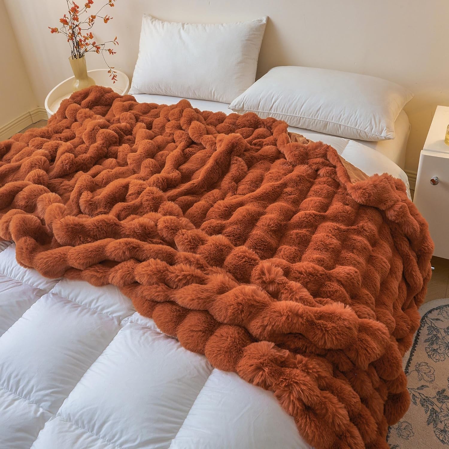 LIFEREVO Fluffy Faux Rabbit Fur Bubble Blanket, Plush Shaggy Waffle Throw for Couch Sofa, Cozy Comfy Furry Bed Blanket Adults Kids Teens Girls, Fuzzy Throw for Bedroom Living Room, 60x90, Burnt Orange