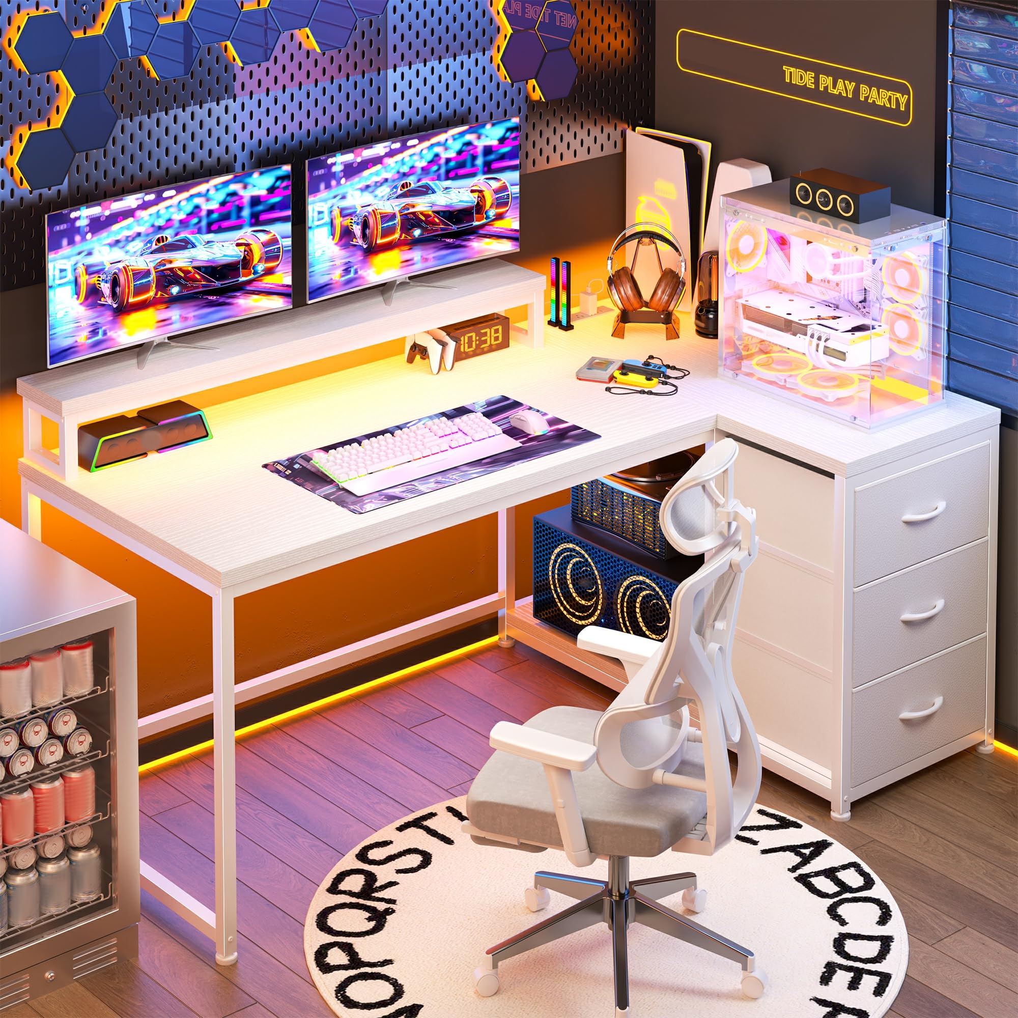 EnHomee L Shaped Gaming Desk with Drawers & Power Outlet, Small Computer Desk with LED Lights, Reversible White Office Desk with Monitor Stand for