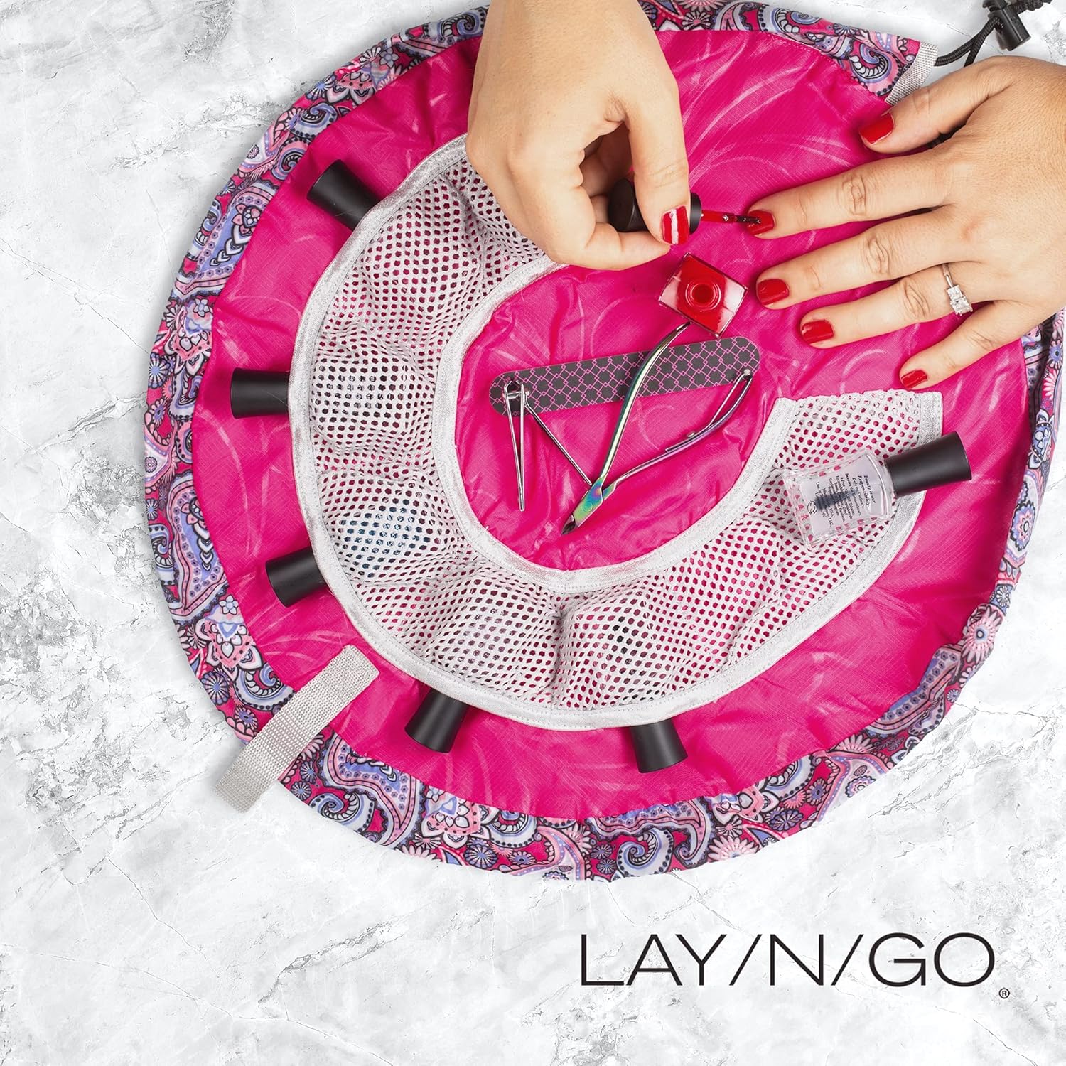 Lay-n-Go Nail Spa Drawstring Cosmetic Acrylic Nail Polish Holder, Organizer & Toiletry Bag for Travel, and Daily Use with a Durable Patented Design, 18 inch, Pretty In Paisley (Pink Pattern) : Clothing, Shoes & Jewelry