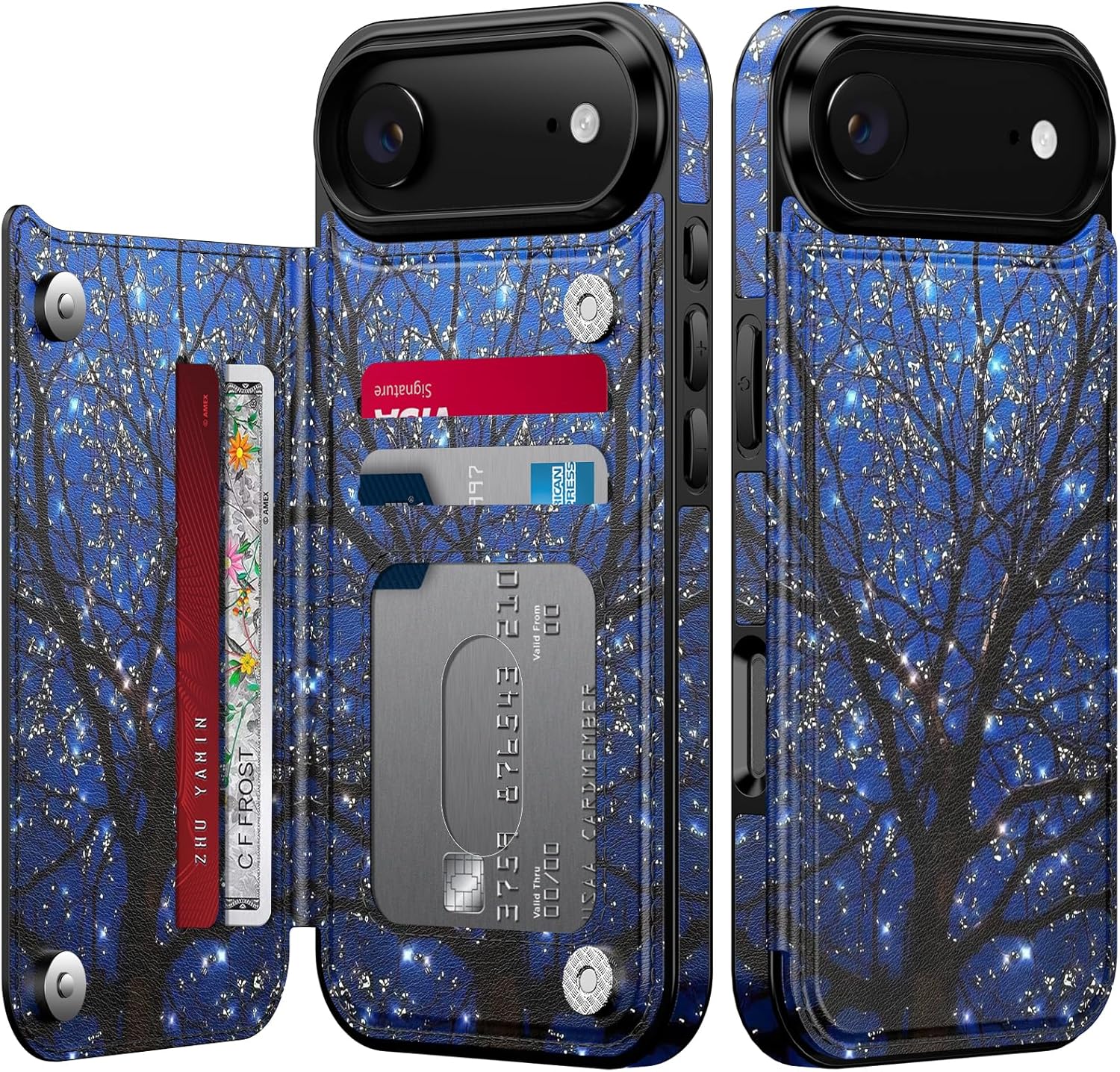 FUNMIKO for iPhone 17 Air Wallet Case with Card Holder, RFID-Blocking, Military-Grade Protection & UV-Printed Artwork, Magnetic Closure with Leather Kickstand - Dreamy Wishing Tree
