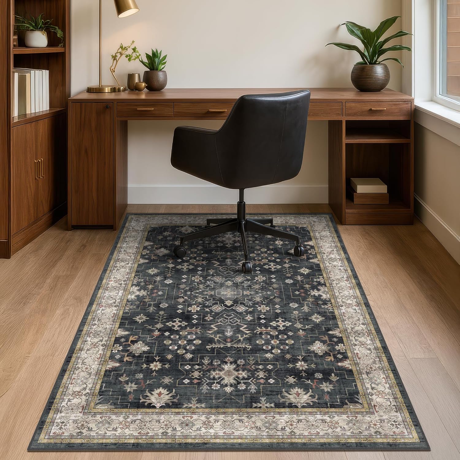Black Office Chair Mat for Hardwood Floors, 36x48 Anti-Slip Under Desk Rug, Tile Floor Protector for Rolling Heavy Duty Office Chair, Easy to Clean, Ultra Soft Low Pile, Ashen Charcoal Floral Design