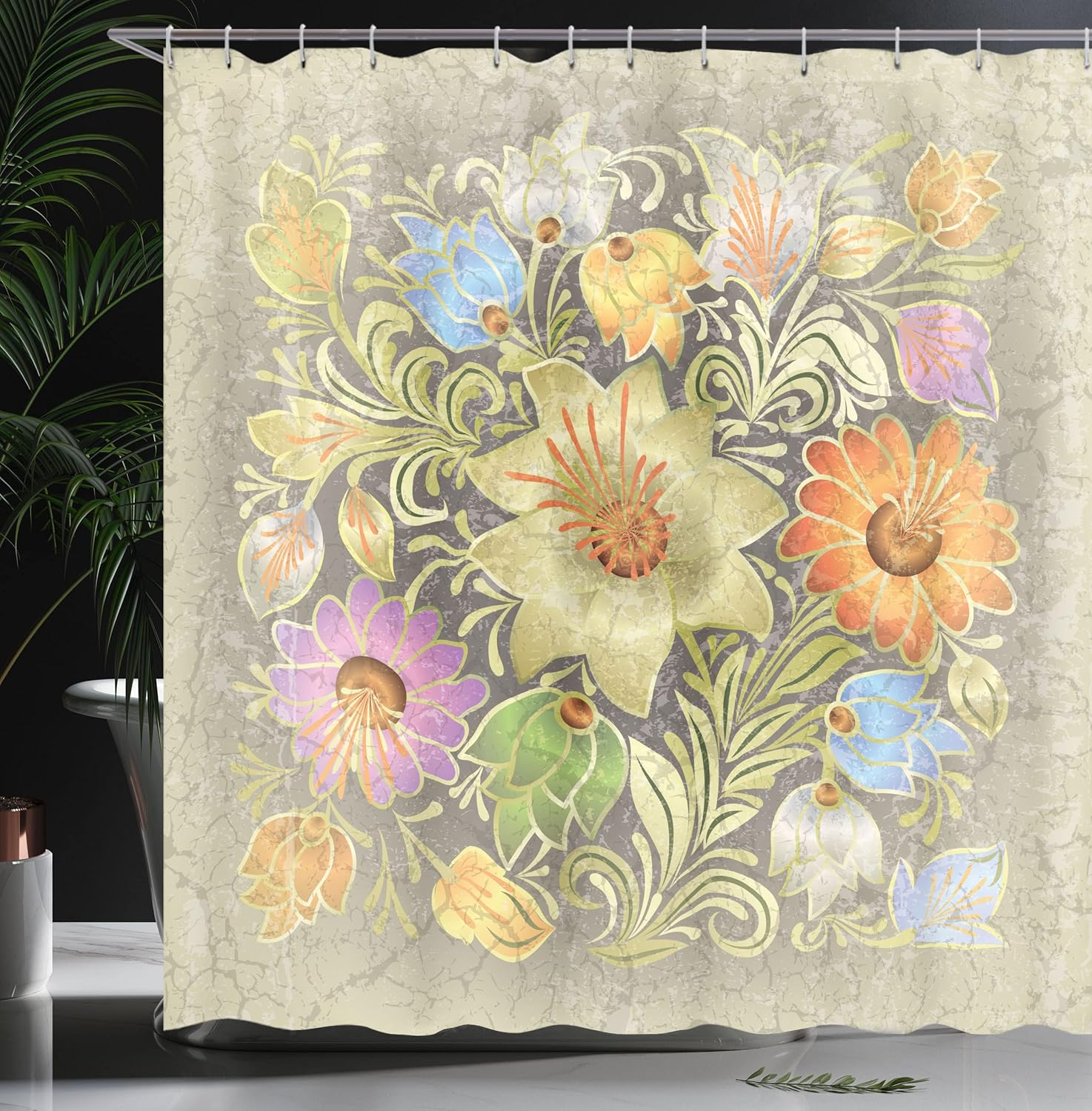 Ambesonne Grunge Shower Curtain, Ornate Aged Floral Bouquet Composition Over Antique Style Marble Setting Bohemian, Cloth Fabric Bathroom Decor Set with Hooks, 69" W x 70" L, Pale Grey Pale Green