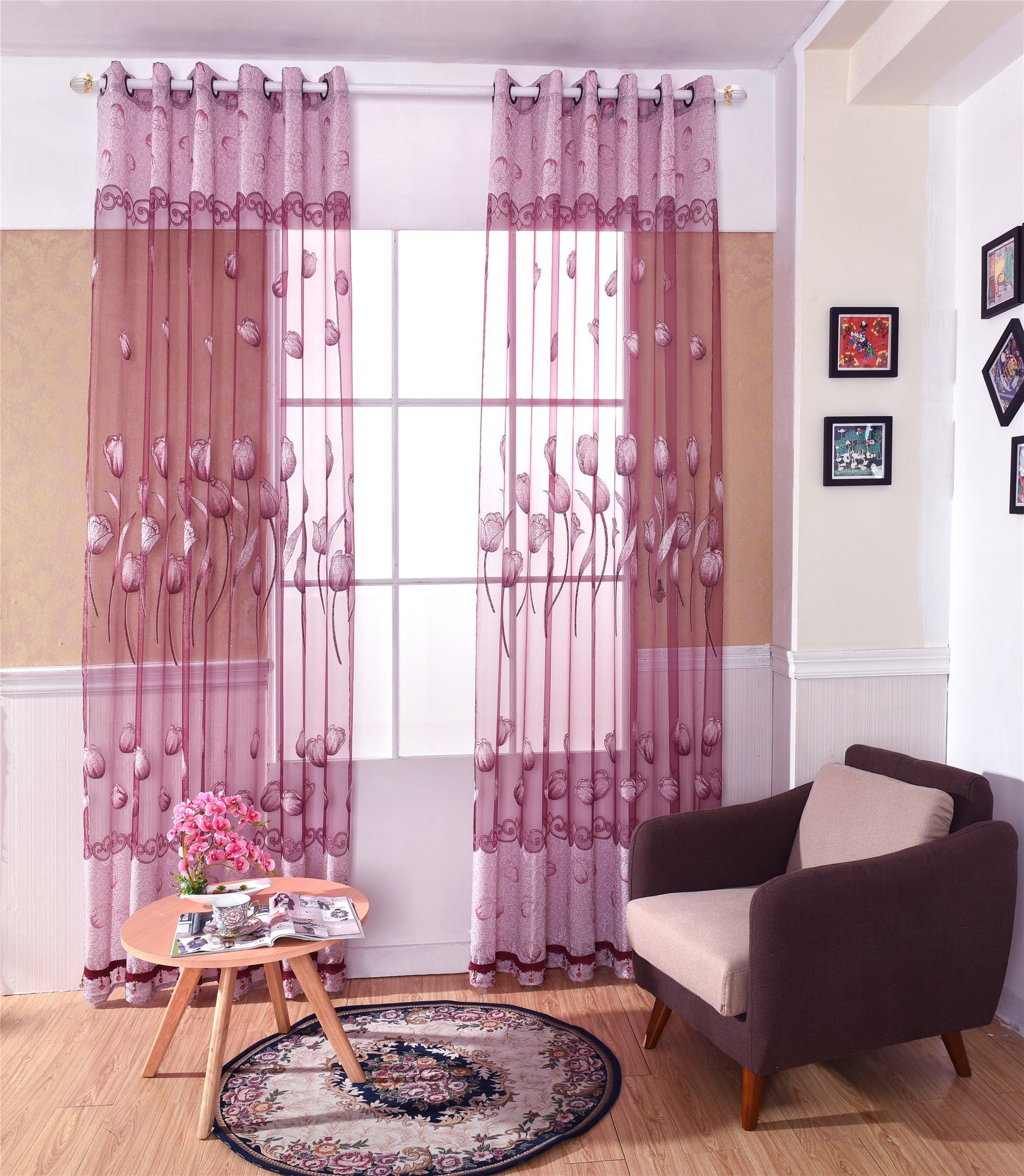 Sankt Sheer Curtain Panel Grommet Panel Home DÃ©cor Door Window Drapes for Living Room / Bedroom, (Single Panel,39Wx98L) 39*98inch with Beads Wine Red