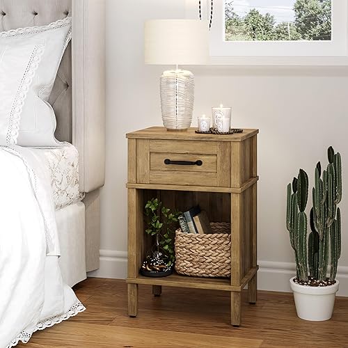 Miniatura 6 de Mesita de noche de granja con cajón, mesita de noche de madera con estante abierto, armario de noche moderno para dormitorio, mesa auxiliar pequeña,