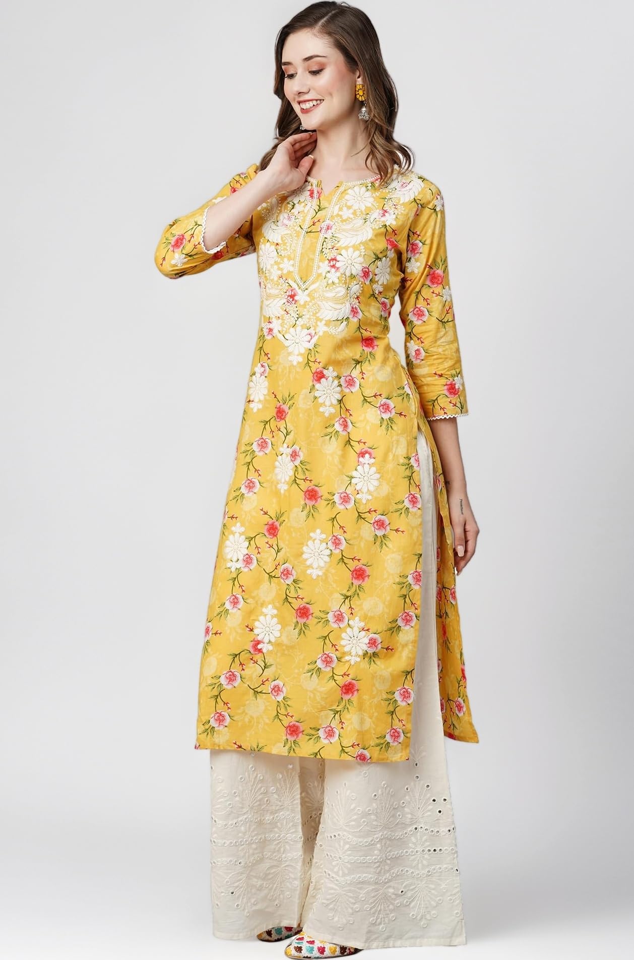 Women's Mulmul Cotton Printed Straight Lucknowi Chikankari Ethinic Wear Kurta