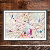 Vista 1 de Impresiones Mapa de Belfast - Impresión artística original (arco iris) - Mapa de la calle de la ciudad de Belfast, Irlanda - Póster de acuarela