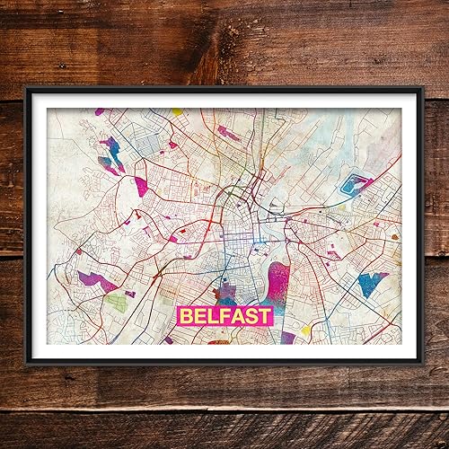 Impresiones Mapa de Belfast - Impresión artística original (arco iris) - Mapa de la calle de la ciudad de Belfast, Irlanda - Póster de acuarela