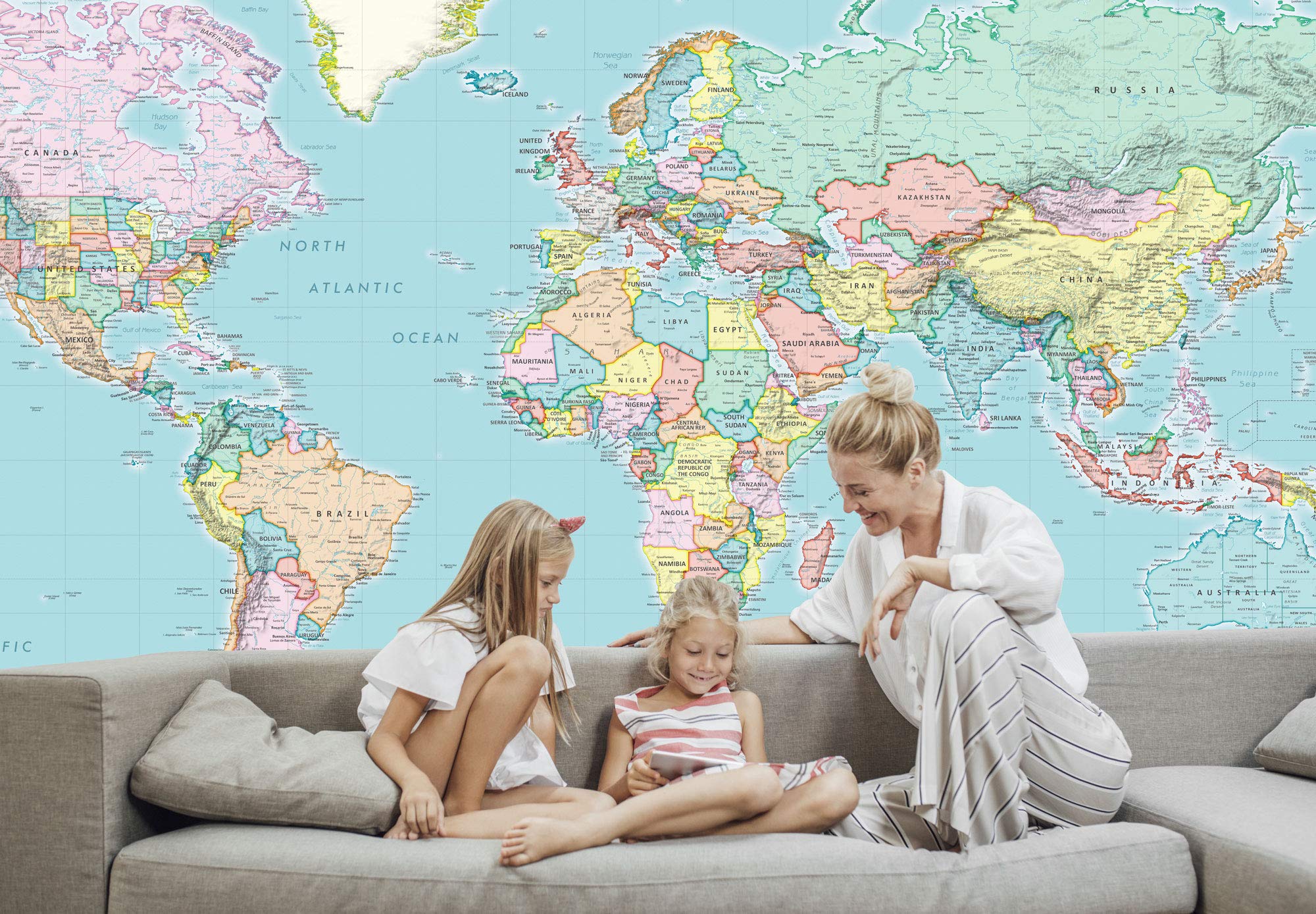 Academia Maps - World Map Wall Mural - Blue Ocean Detailed Political Map - Premium Self-Adhesive Fabric