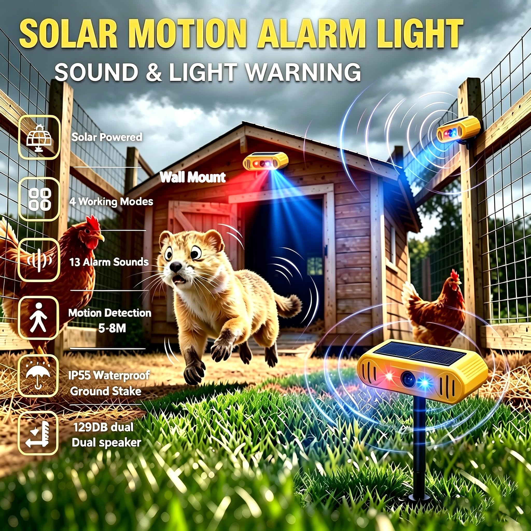 Lot de 2 détecteurs de mouvement solaires avec 13 sons, double haut-parleur KINGCOO 129 dB, bruits de tir, aboiements de chien, LED rouge et bleu, avertissement de sécurité, lumière stroboscopique