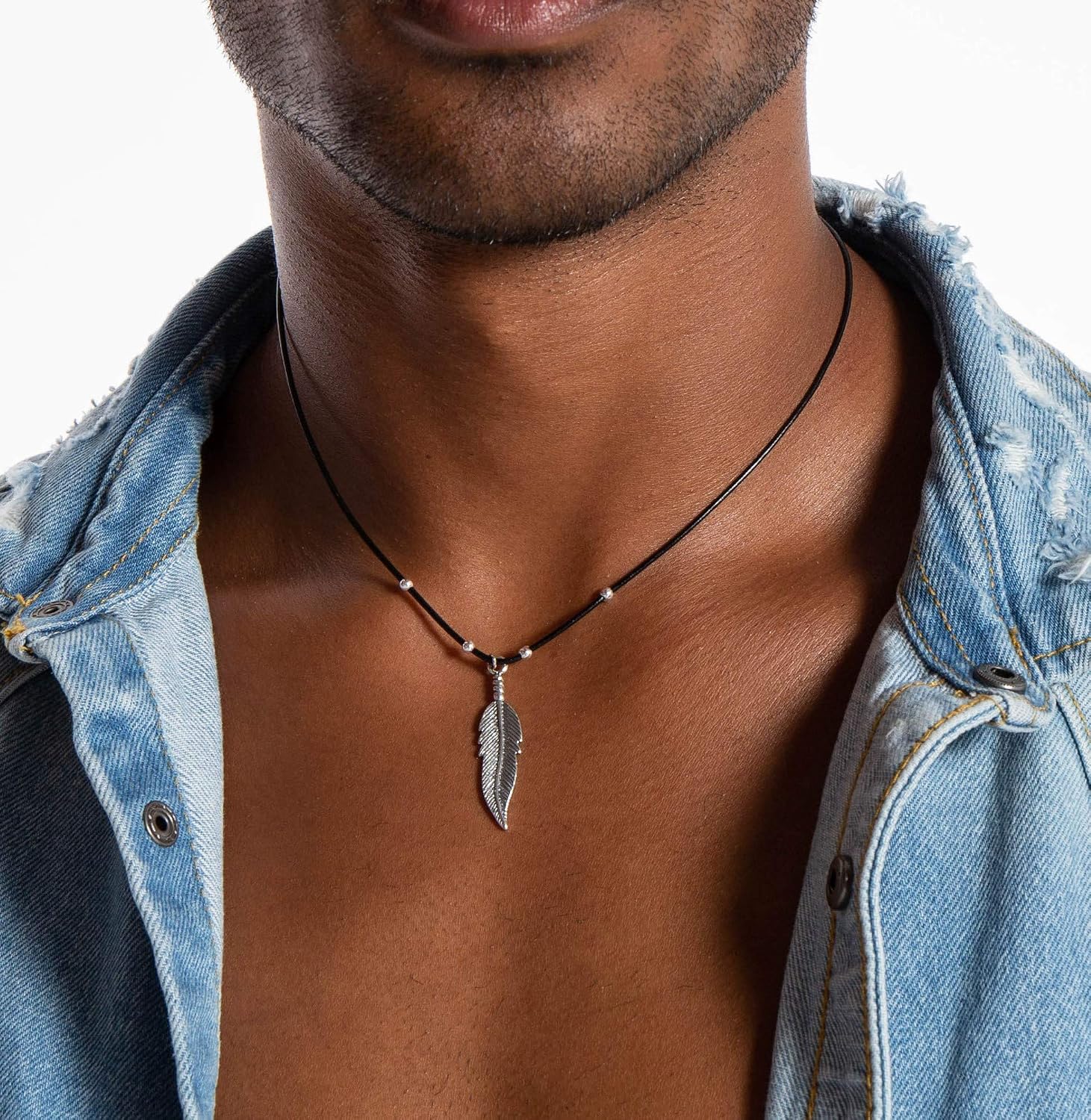 Buy Mens Black Leather Necklace in 