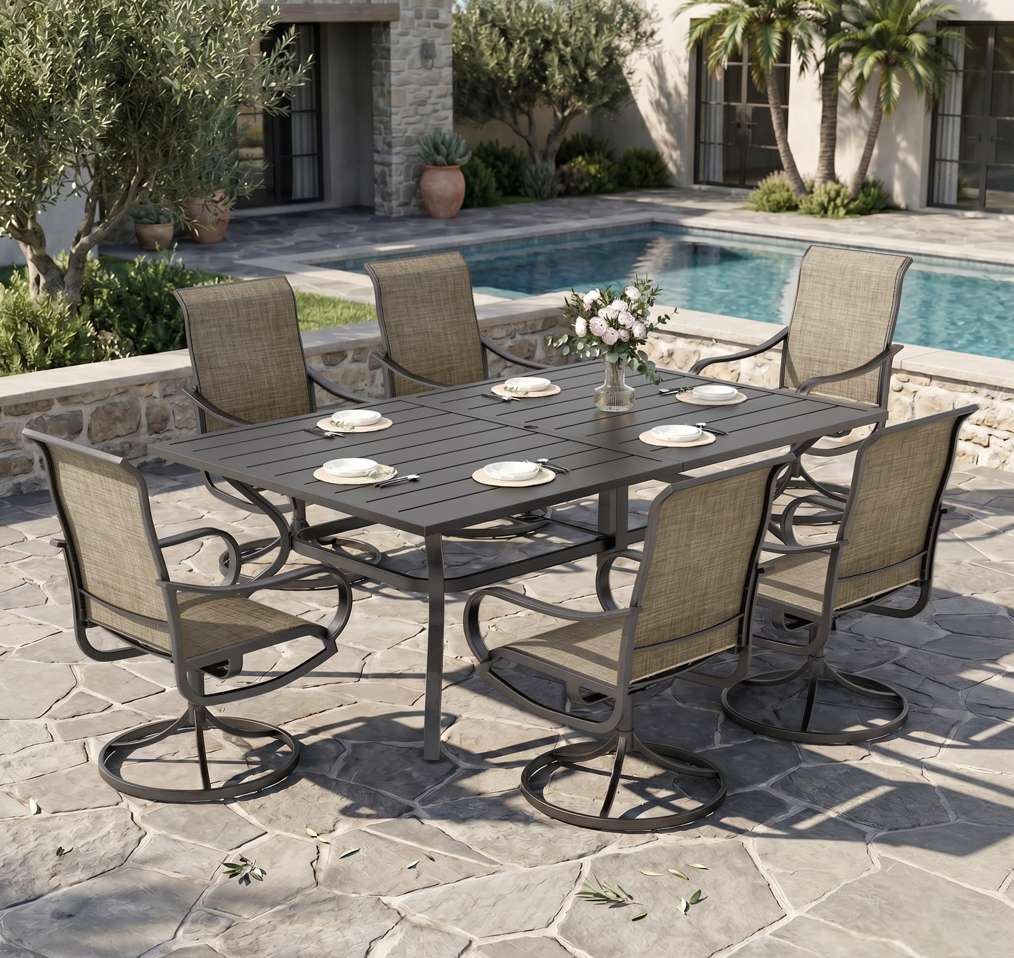 Sophia &amp; William Patio Dining Set for 6 w/Swivel Textilene Chairs, Brown