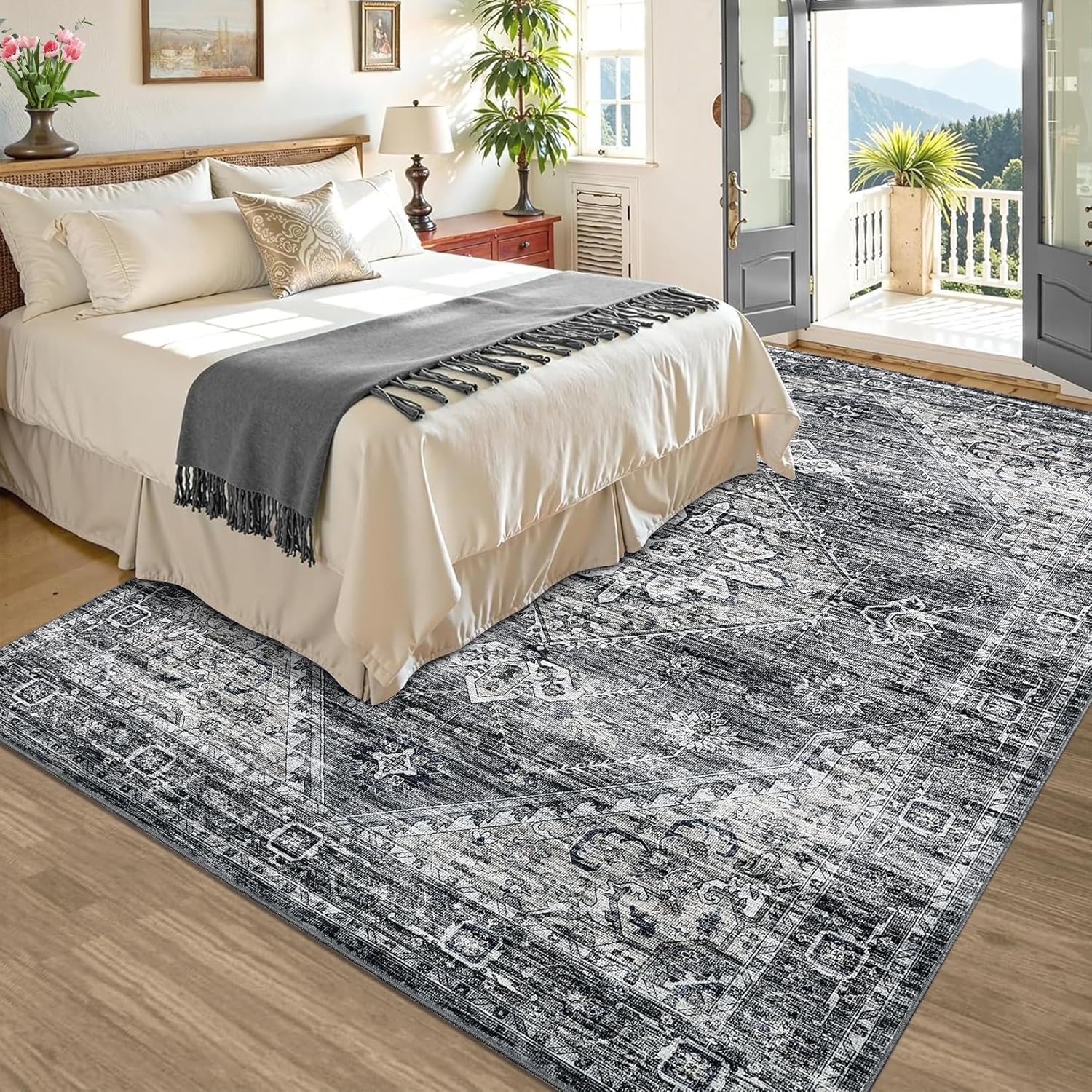 GarveeHome Washable Area Rug 9x12 - Vintage Floral Bedroom Living Room Large Indoor Rugs Soft Oriental Ultra Thin Foldable Carpet Mat Non Slip Dining Room Rugs for Farmhouse Office Home, Dark Grey