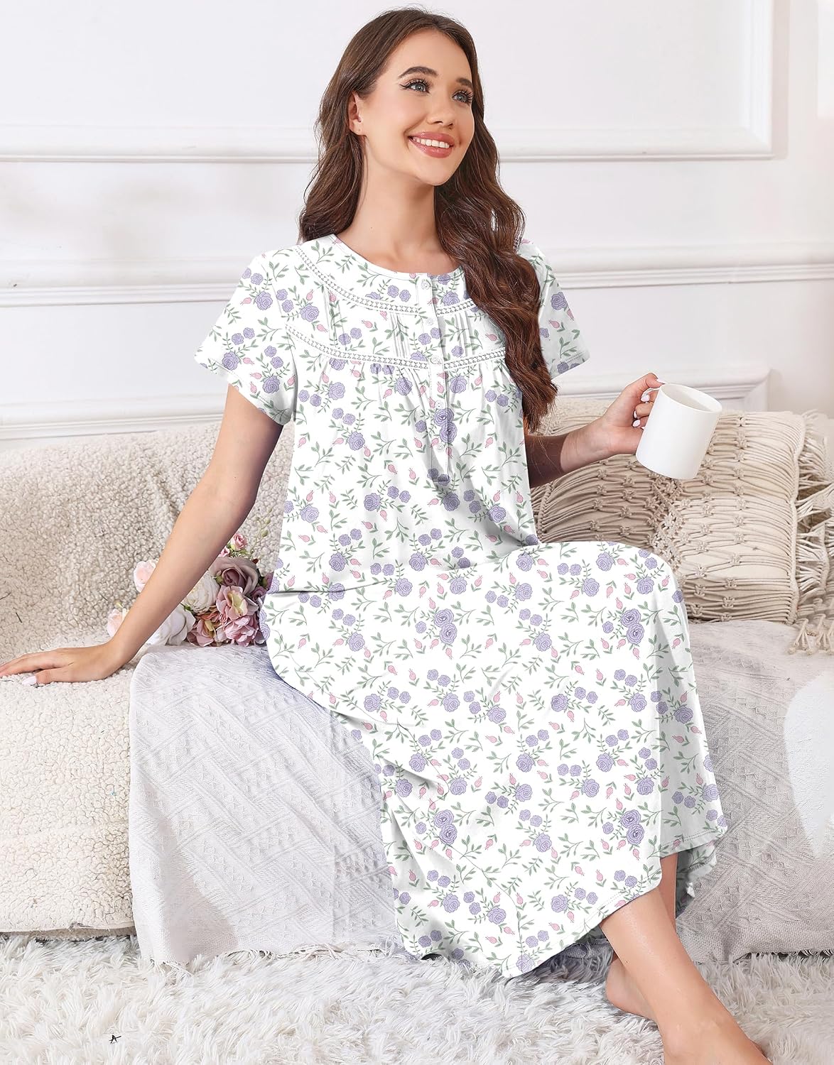 IZZY + TOBY Women Cotton Long Nightgowns Sleeveless Nightshirts U Neck Full Length Sleep Shirts