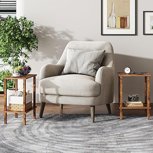 Miniatura 7 de TUTOTAK Mesa auxiliar, juego de 2, mesa auxiliar, mesita de noche, estante de almacenamiento de 2 niveles, mesa de sofá para espacios pequeños, sala