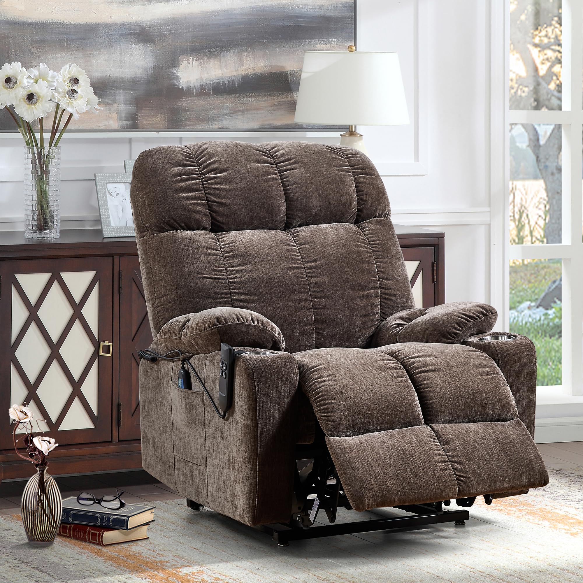 GDFStudio Dual Motor Power Lift Recliner Chair with Massage and Heat, Recliner Chair for Elderly with Infinite Position Lay Flat 180° Recliner,Cloth Power Reclining Chair for Living Room Dark Brown