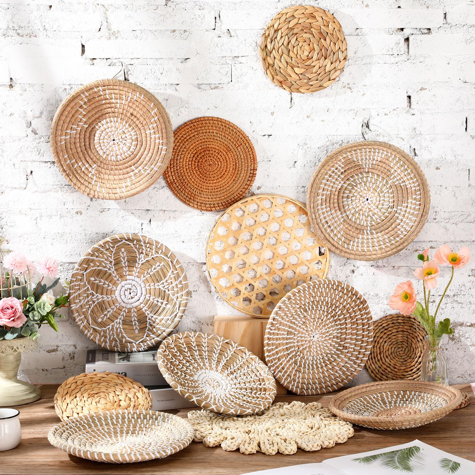 Nuenen Set of 14 Boho Wall Basket Decor, Hanging Woven Wall Basket Decoration, Rustic Wall Decor Handcrafted Hanging Kitchen Baskets for Farmhouse Bedroom Room Decor(White Color)