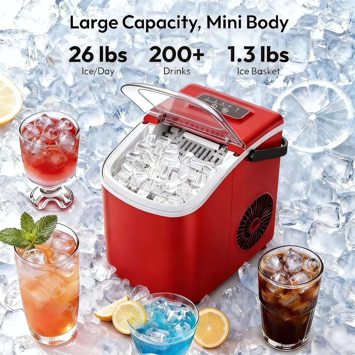 Small Portable Countertop Ice Maker, 26lbs/24H Ice Machine with Self-Cleaning, 6-8 Mins Fast Ice Making,Quiet Operation, Compact Ice Maker with Handle for Home Kitchen Camping RV (Red)