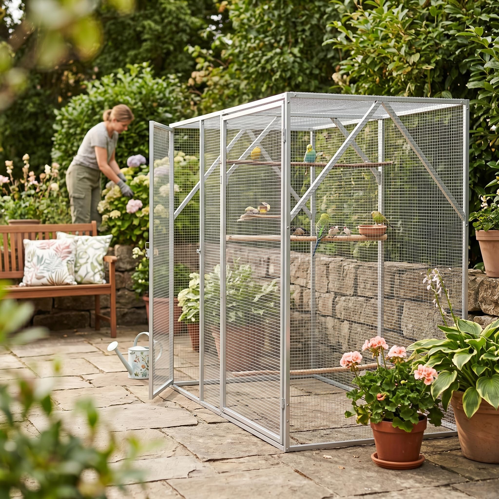 ACAGALA Jaula grande para pájaros, pajarera XXL de metal con puerta y alambre galvanizado, jaula para mascotas para periquitos, pinzones, 208x102x108 cm