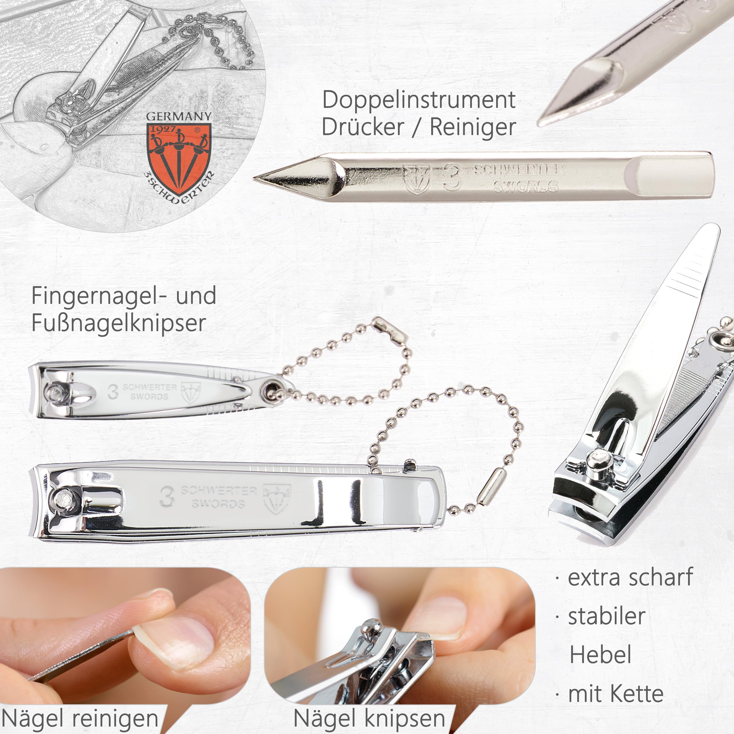 DREI SCHWERTER - Kit de manucure de 8 pièces pour hommes | Kit de soin des ongles de qualité supérieure dans un étui en cuir véritable. Couleur : noir | Contenu : kit d'ongles, 8 instruments avec