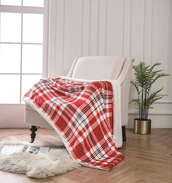 Reversible 130cm x 180cm Sherpa Flannel Fleece Highland Check Throw - Red/Grey