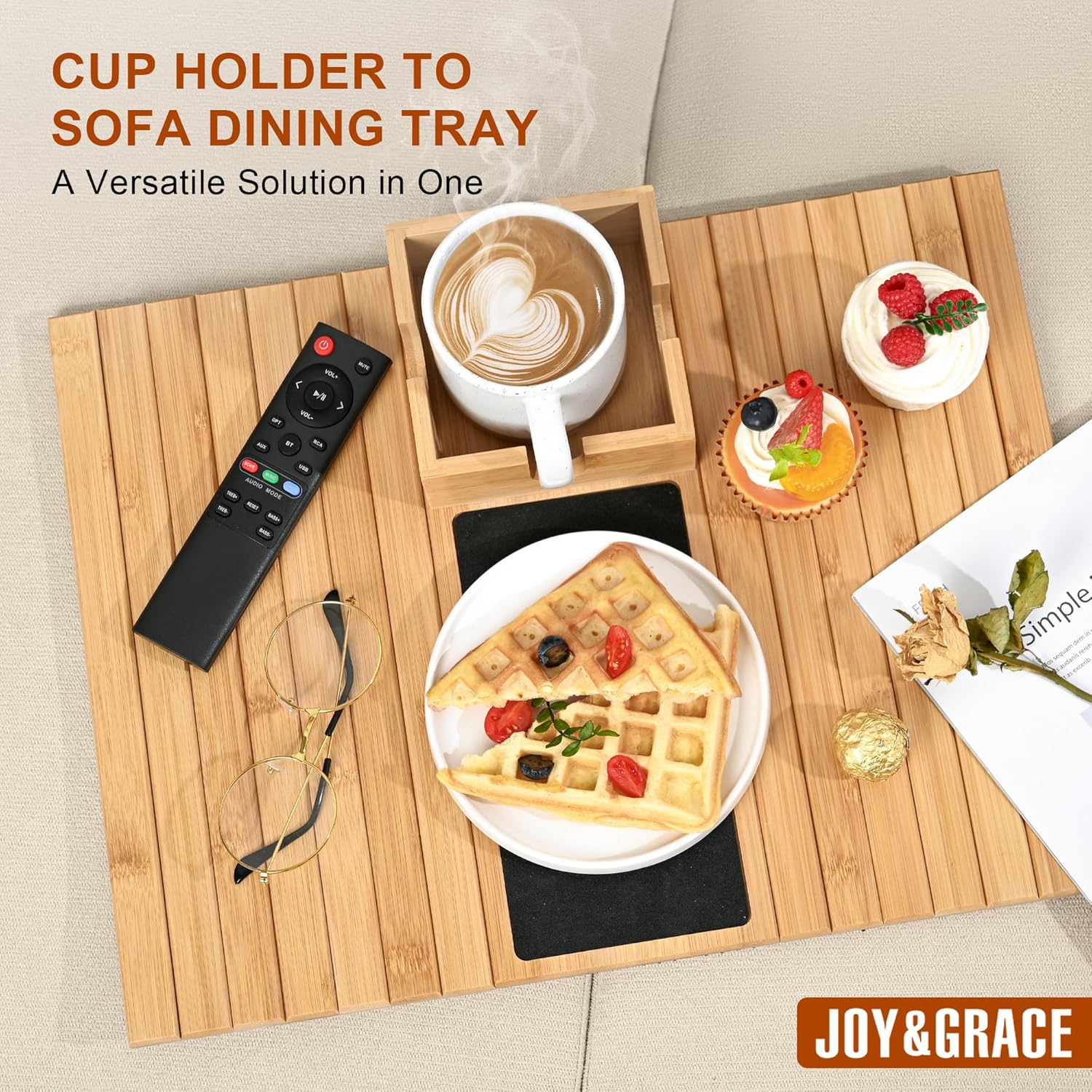 Joy&Grace Sofa Armrest Tray with Large Mug Holder, Bamboo Couch Arm Tray, Anti-Slip Couch Cup Holder Foldable Sofa Arm Table for Eating Drinks Cellphone (Color Natural)