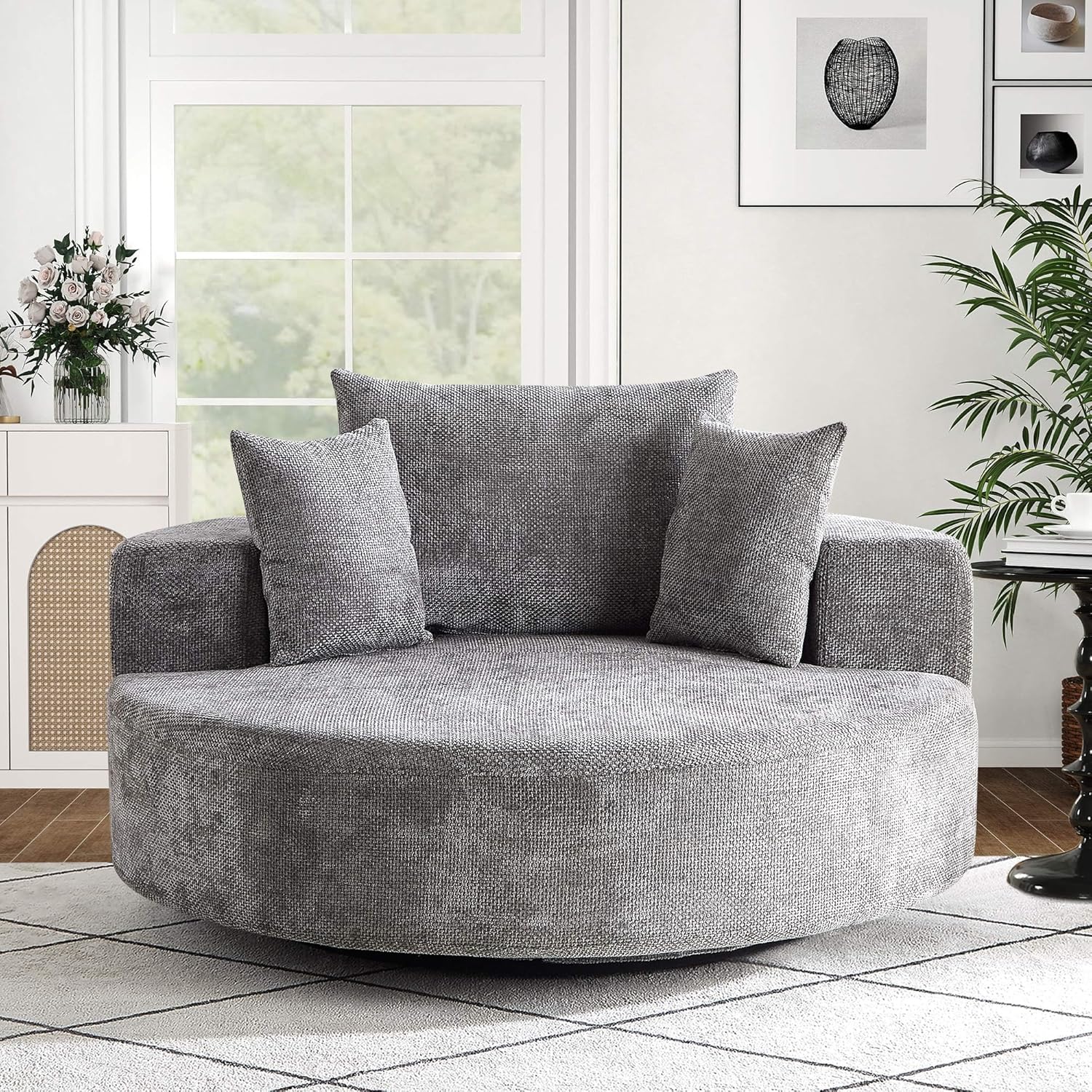 SLEERWAY 55" W Oversized Swivel Accent Chair, Large Barrel Chairs Upholstered Round Swivel Chair, Chenille Single Sofa Armchair, Modern Sleeper Chair for Living Room, Lounge and Projection Room, Grey