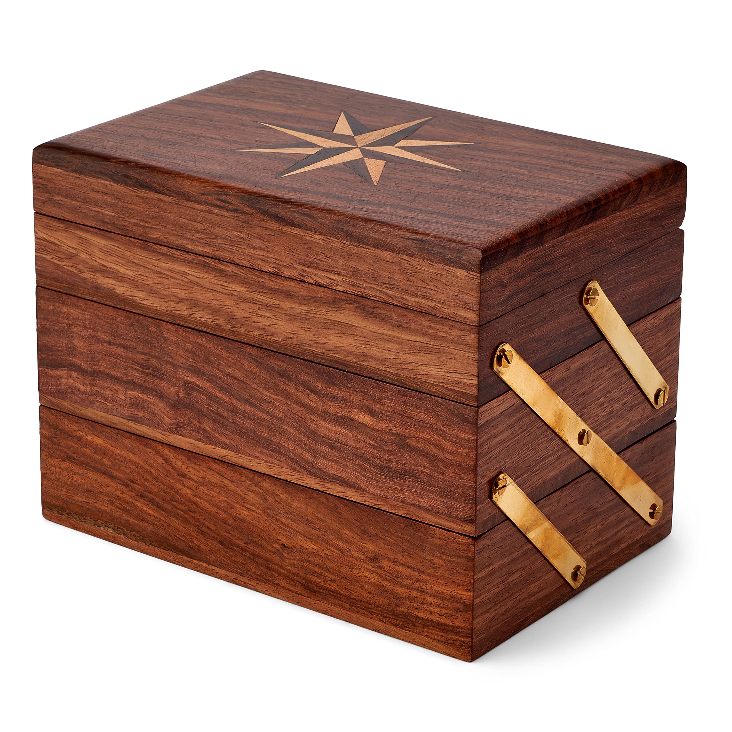 NKlaus Scatola Portagioelli In Legno E Ottone Con Specchio 22x14x12 Cm - Stile Marittimo, 3 Scomparti - 6