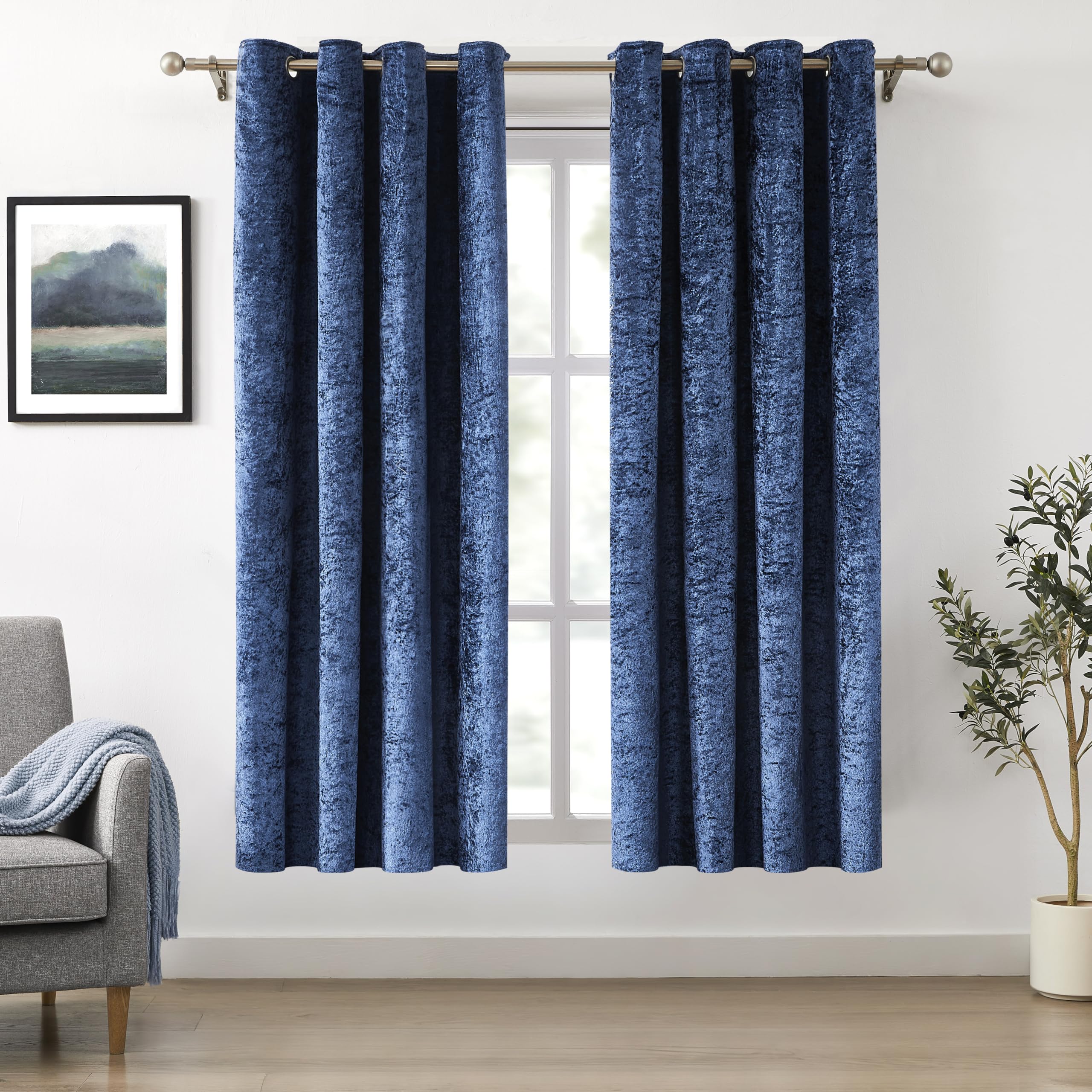 Bujasso Navy Full Blackout Velvet Curtains 72 inch 2 Panels Eyelet Thermal Insulated Blackout Lining Drapes for Living Room Bedroom Crushed Velvet Room Darkening Curtains Grommet Top W46xL72