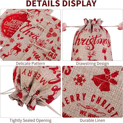 Miniatura 4 de MIMIND Paquete de 24 bolsas de arpillera de yute de Navidad de 7 x 5 pulgadas, bolsas de lino de Navidad con cordón de ajuste, bolsas de regalo de