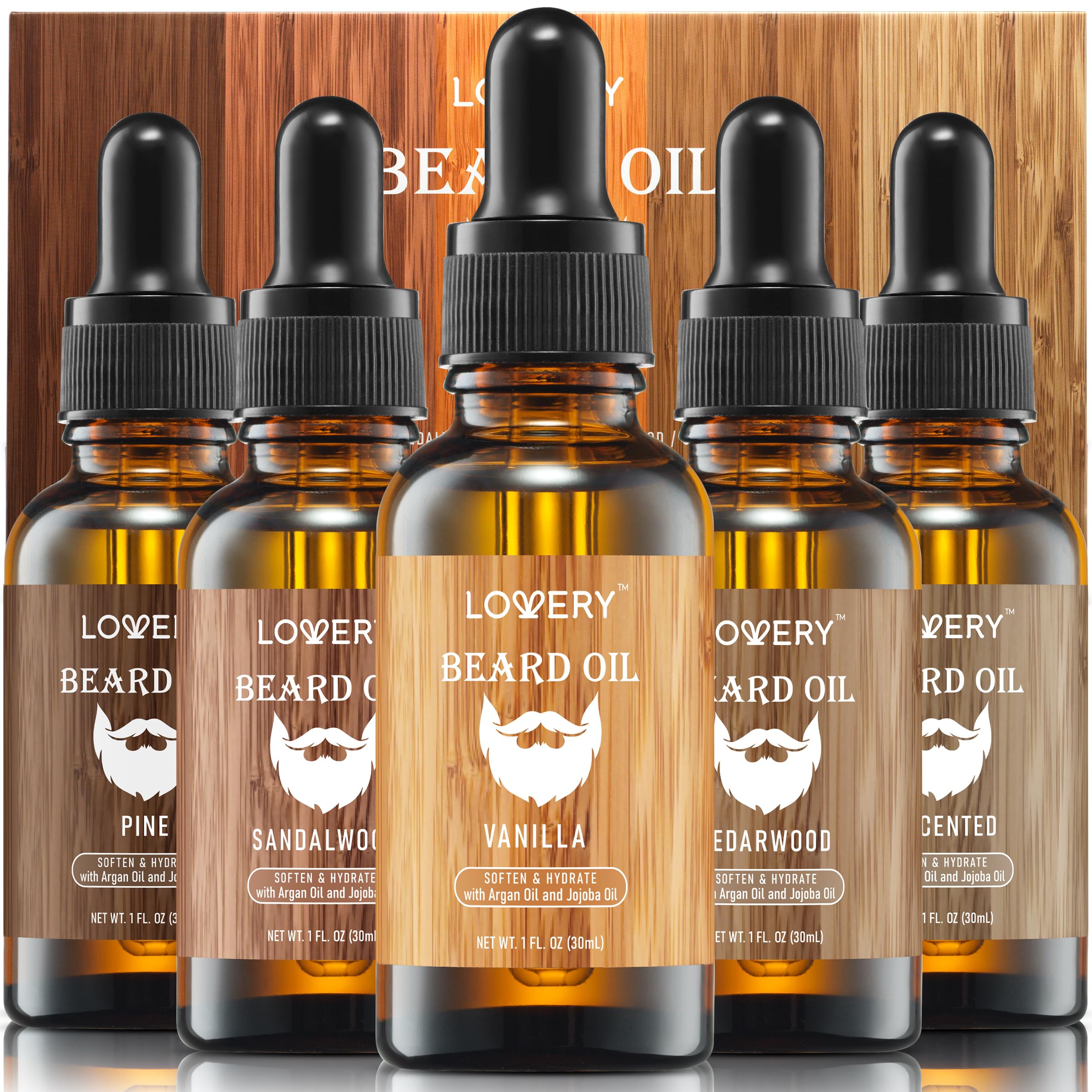LOVERY (5 Pack Beard Oil for Men, Natural Mens Beard Oil Kit Variety Set - Sandalwood, Vanilla, Cedarwood, Pine, Unscented, W Argan & Jojoba Oil, Mens Beard Softener Grooming Gifts for Him 4 Fl Oz (Pack of 1)