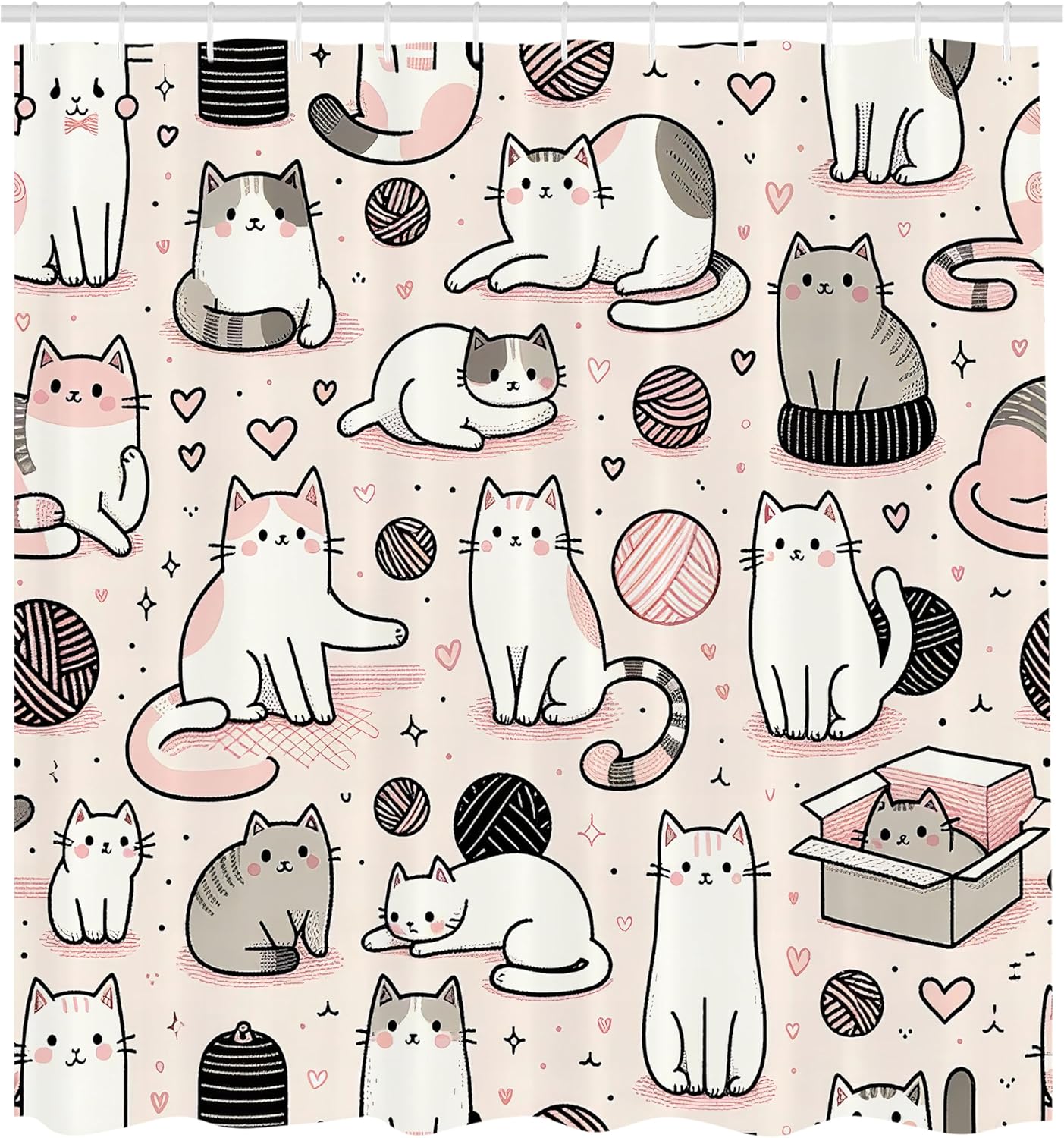 Ambesonne Cat Shower Curtain, Simplistic Drawn Kitties Sitting Laying with Pastel Colors Cartoon Illustration, Cloth Fabric Bathroom Decor Set with Hooks, 69" W x 84" L, Rose and Pale Grey