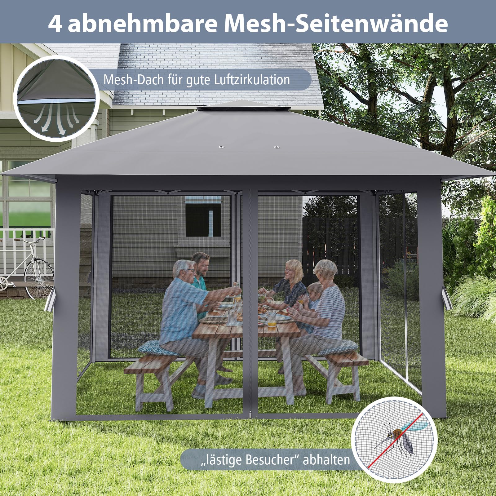 COSTWAY Pavillon 4x4 m, Pop Up Faltpavillon mit 4 Moskitonetz & Doppeldach & Metallrahmen, Wasserdicht & Stabil & Winterfest, Gartenpavillon inkl. Tragetasche, Partyzelt für Terrasse Garten, Grau