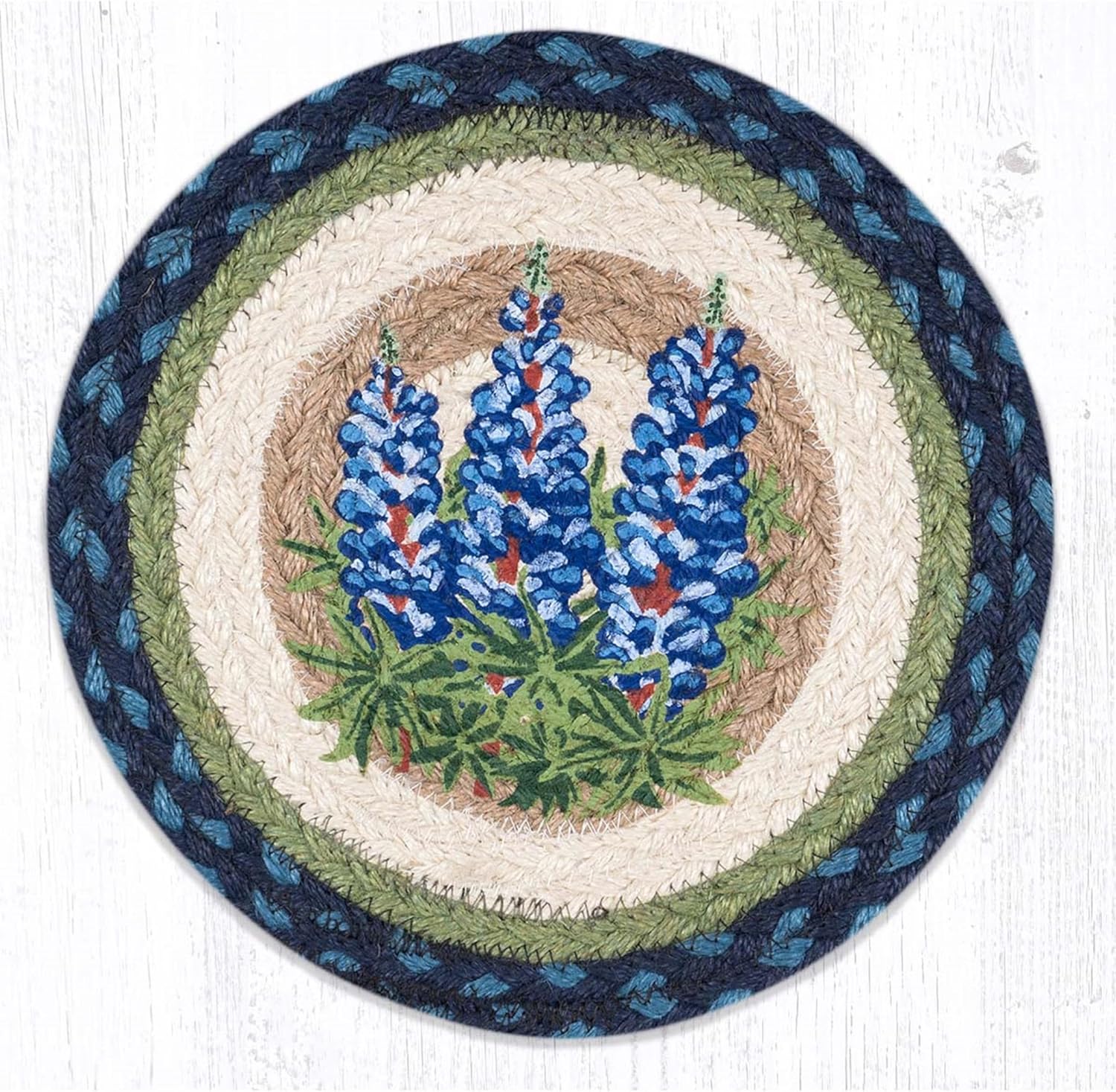 BLACK FOREST DECOR Blue Blooms Round Trivets Set of 3 – Rustic Farmhouse Braided Jute Heat-Resistant Table Mats – Handcrafted Durable Hot Pads – Natural Kitchen Décor – 10” Diameter Each, Multicolor