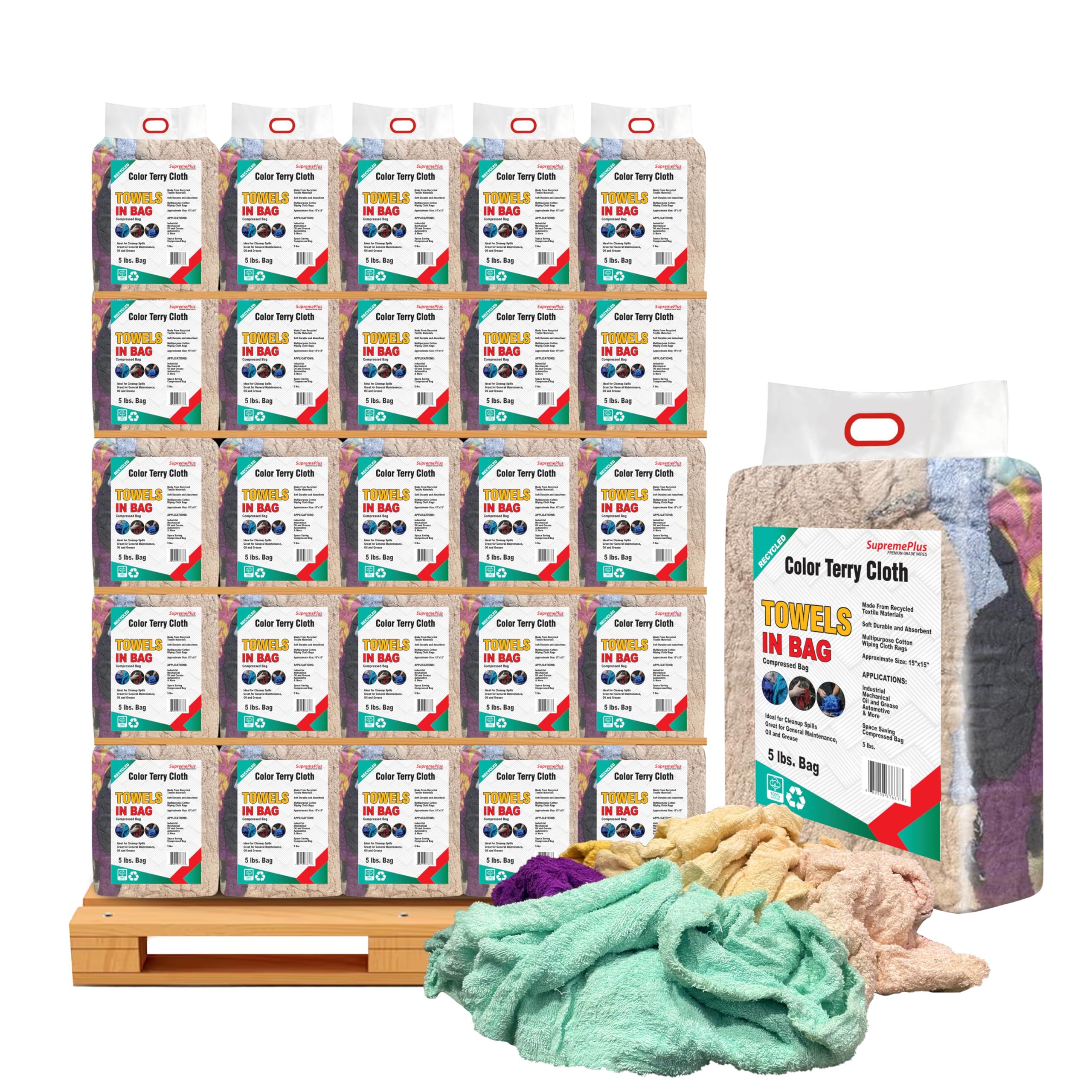 Recycled Color Terry Cloth Rags 600 lbs Pallet - 120x5 lbs Bag - Super Absorbent Cotton Towel Cleaning