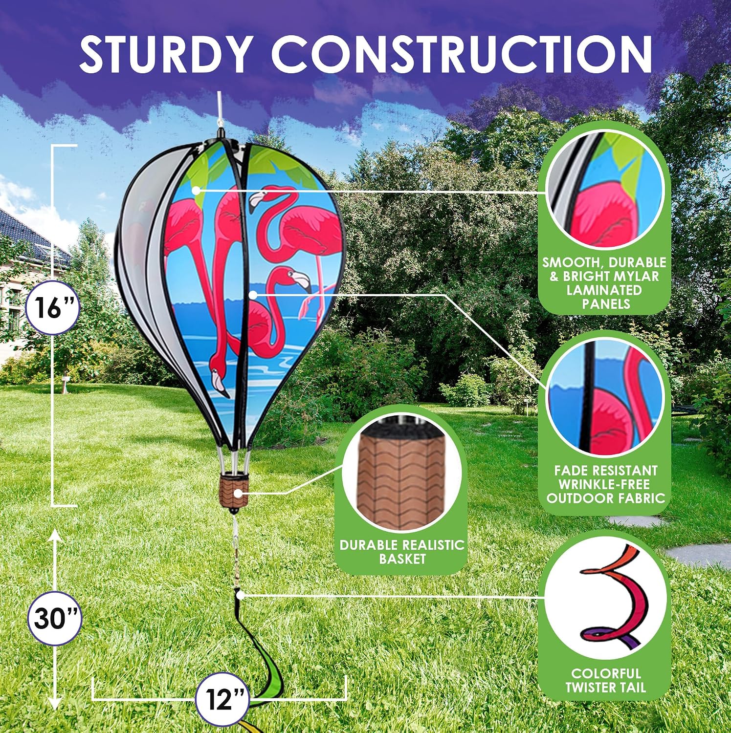 Hot Air Balloon Hanging Garden Spinner 16" - Vibrant Flamingo Design, Weather-Resistant Outdoor Decor, Durable & Lightweight for Patios, Yards, and Gardens - Eye-Catching Wind Spinner