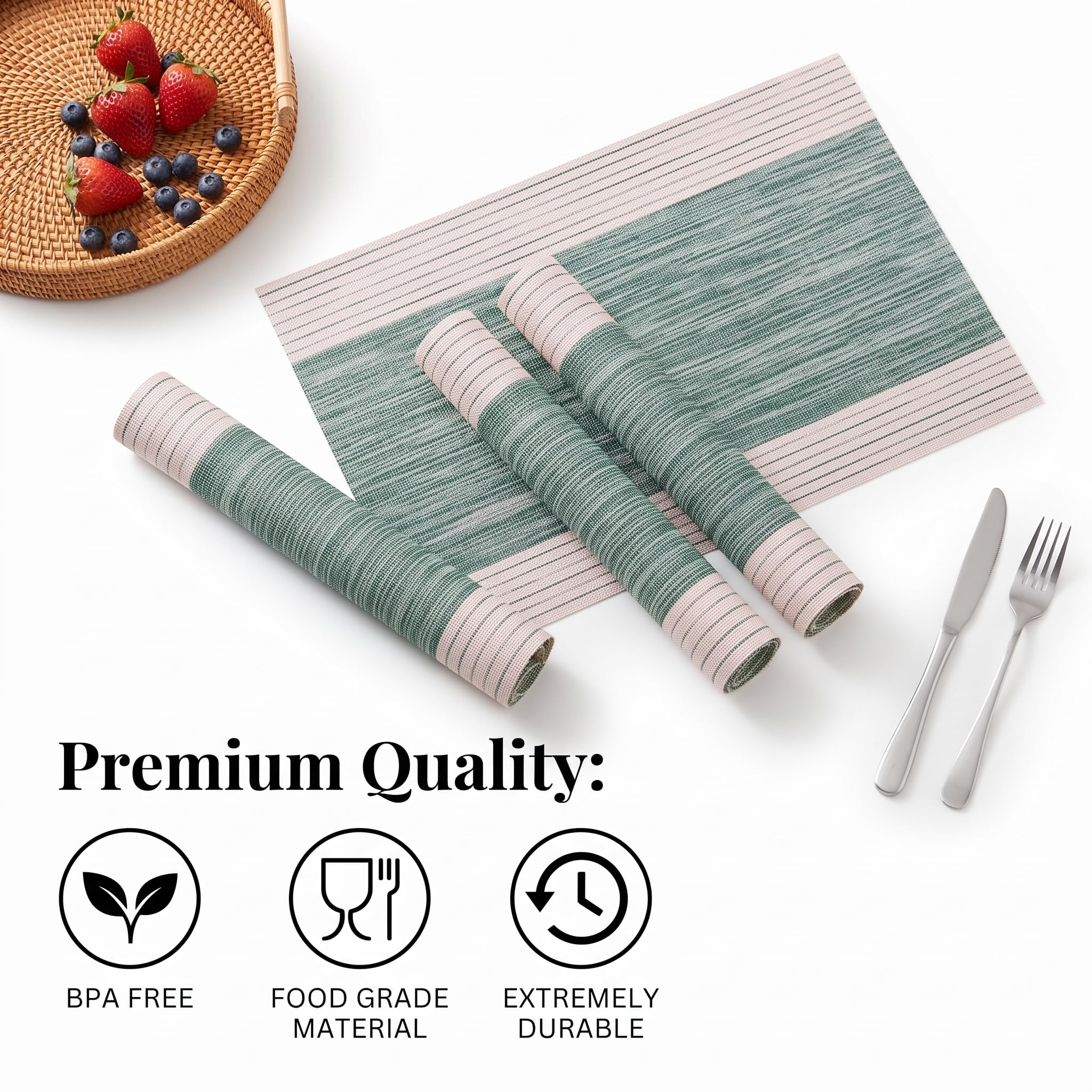 Winknowl Juego de 8 manteles individuales resistentes al calor, resistentes a las manchas, aislantes de vinilo, duraderos, lavables y elegantes para comedor (verde a rayas)