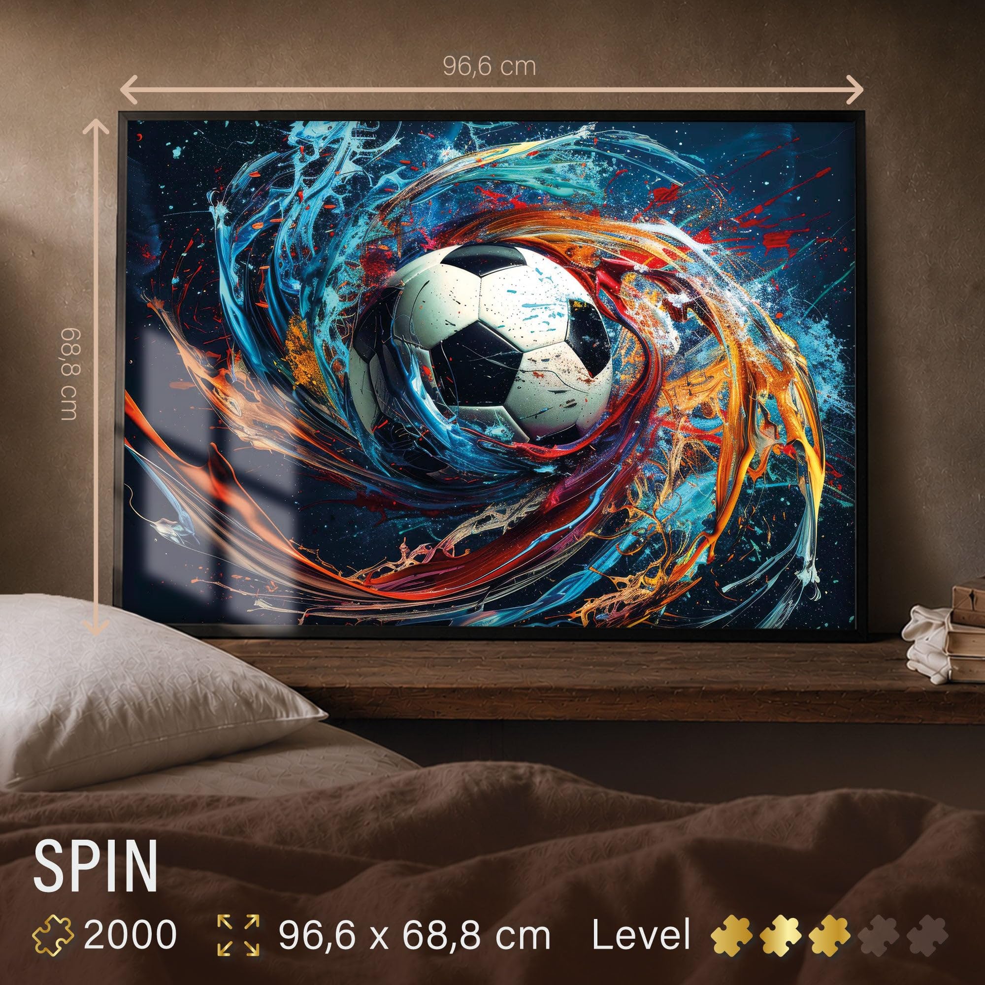 Ulmer Puzzleschmiede - 2000 elementów puzzli "Spin" – motyw piłki nożnej w klasycznym stylu, otoczony spektakularną rotacją kolorów – jakość Made in Germany