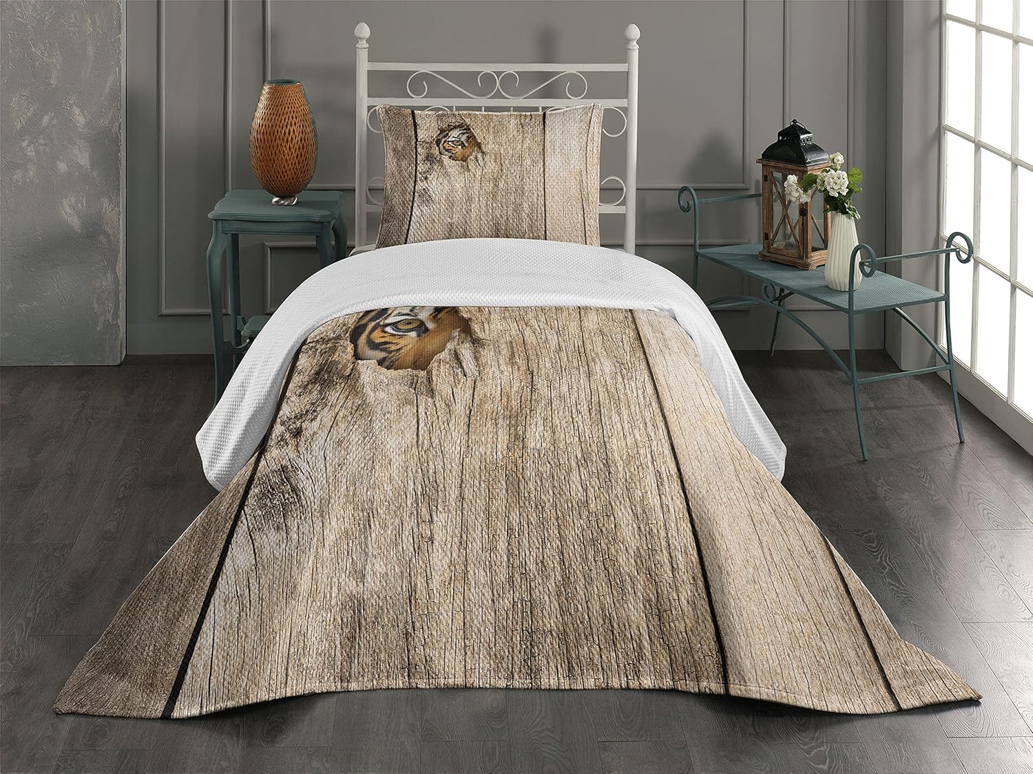 Ambesonne Savannah Coverlet, Siberian Tiger Eye Looking Through Wooden Peep Hole in Spy Predator Big Cat Wild Print, 3 Piece Decorative Quilted Bedspread Set with 2 Pillow Shams, Twin Size, Tan